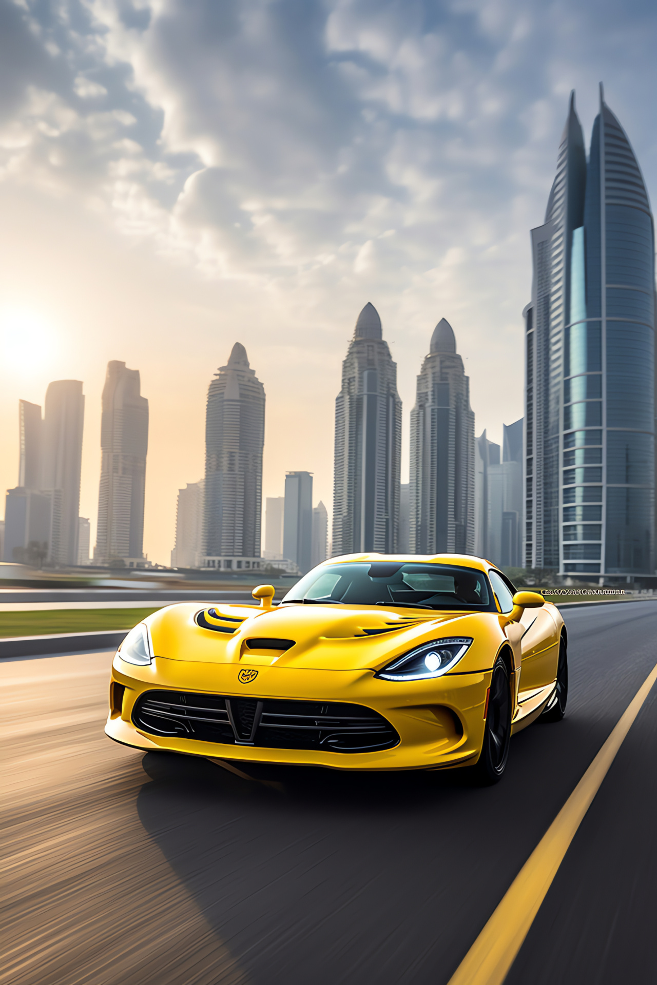 Dubai yellow SRT Viper, Performance motoring, Exotic car landscape, Urban driving experience, Automotive prestige, HD Phone Image