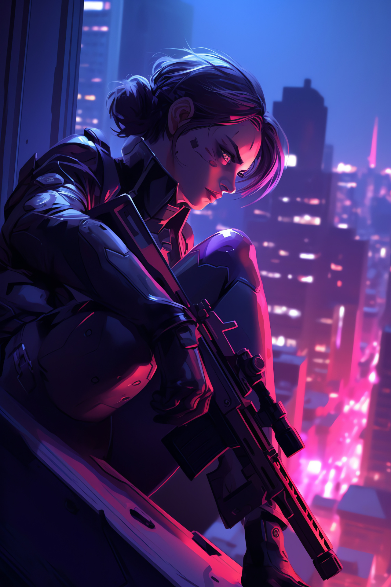 Overwatch assassin, high-altitude vantage, combat-ready stance, scoped rifle, urban district, HD Phone Image