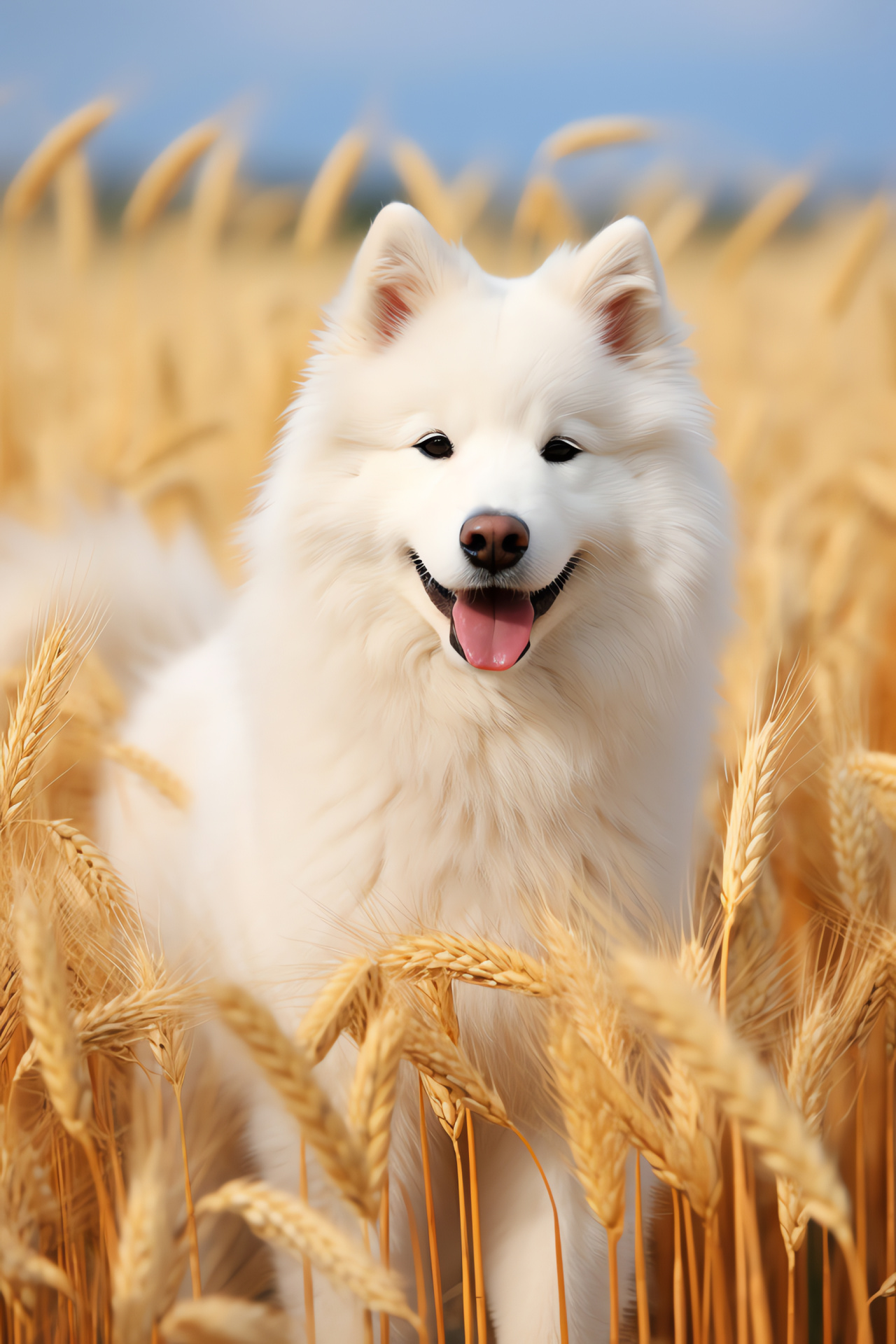 Samoyed breed, ice-blue gaze, ivory fluff, thermal undercoat, amber fields, HD Phone Image