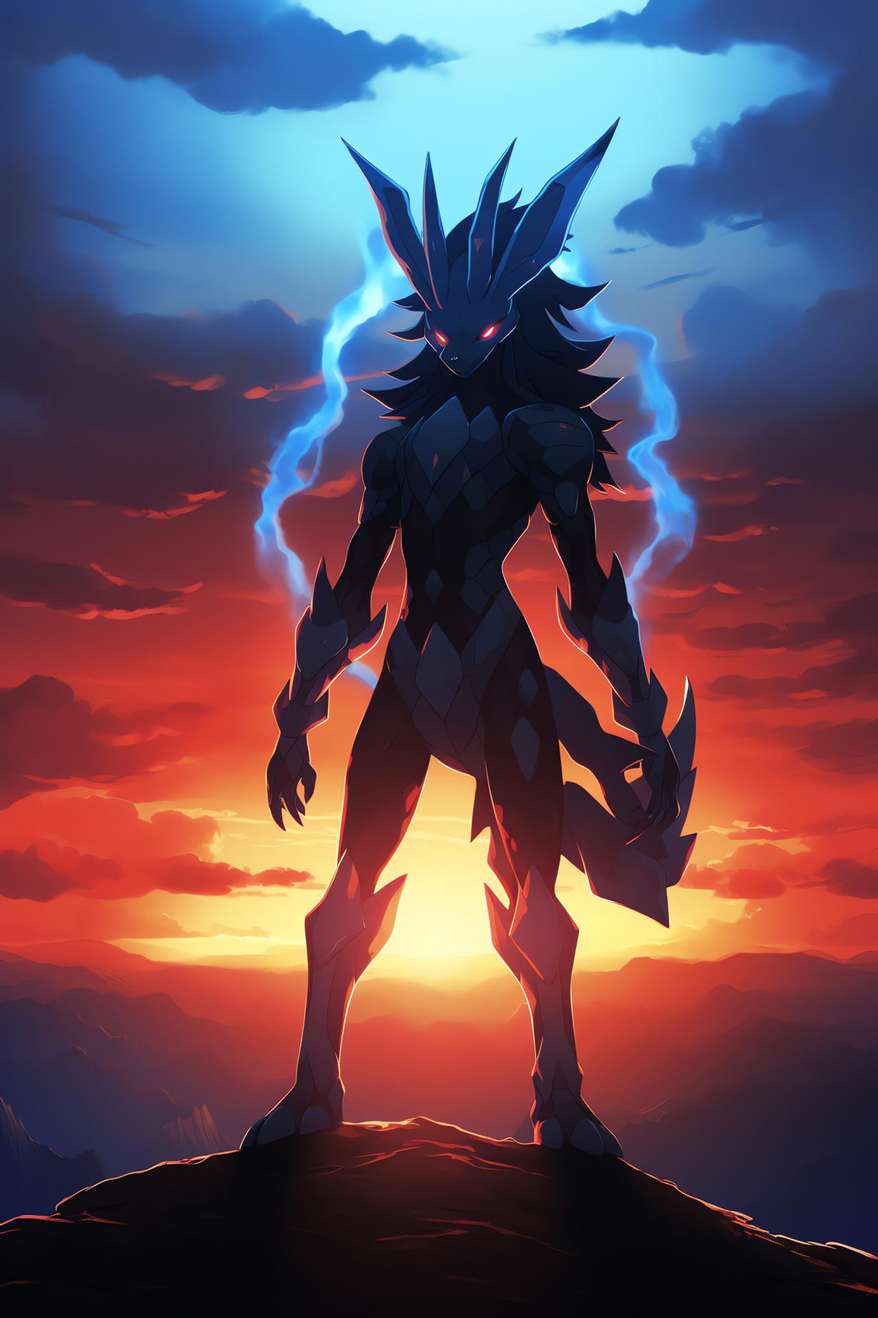 Lucario martial stance, Mountain elevation, Primal silhouette contrast, Twilight skyline ambiance, HD Phone Wallpaper