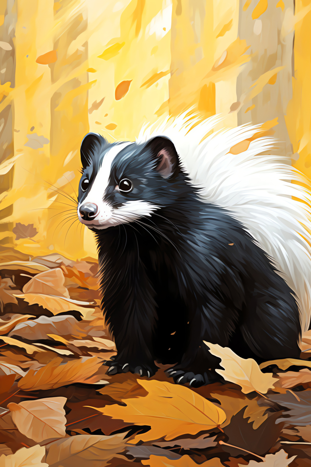 Skunk foraging, forest floor, autumnal bedding, nimble forager, wildlife denizen, HD Phone Wallpaper