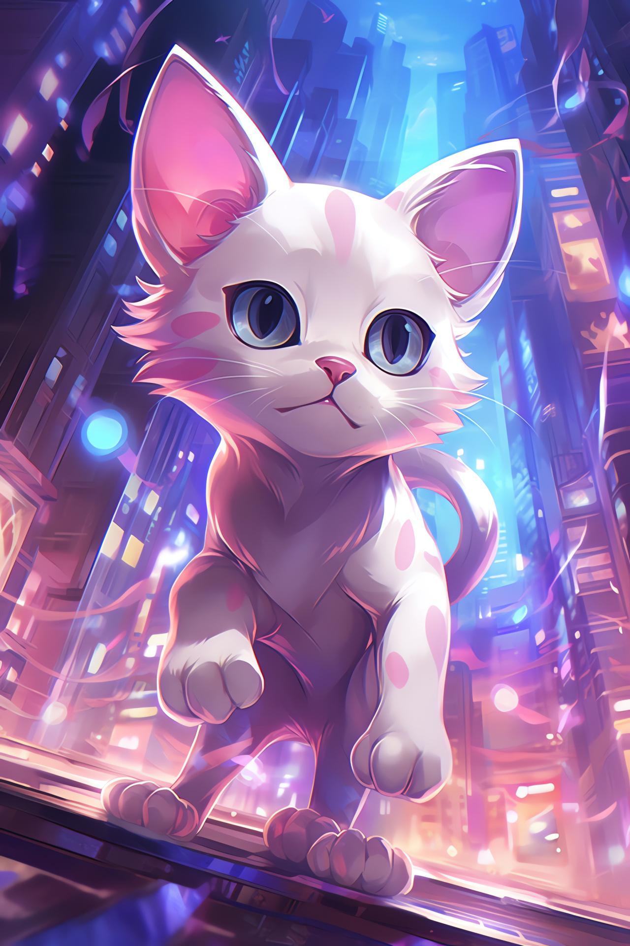 Legendary Pokemon Mew, Psychic-type creature, Neon City setting, evening ambiance, soft glow illumination, HD Phone Wallpaper