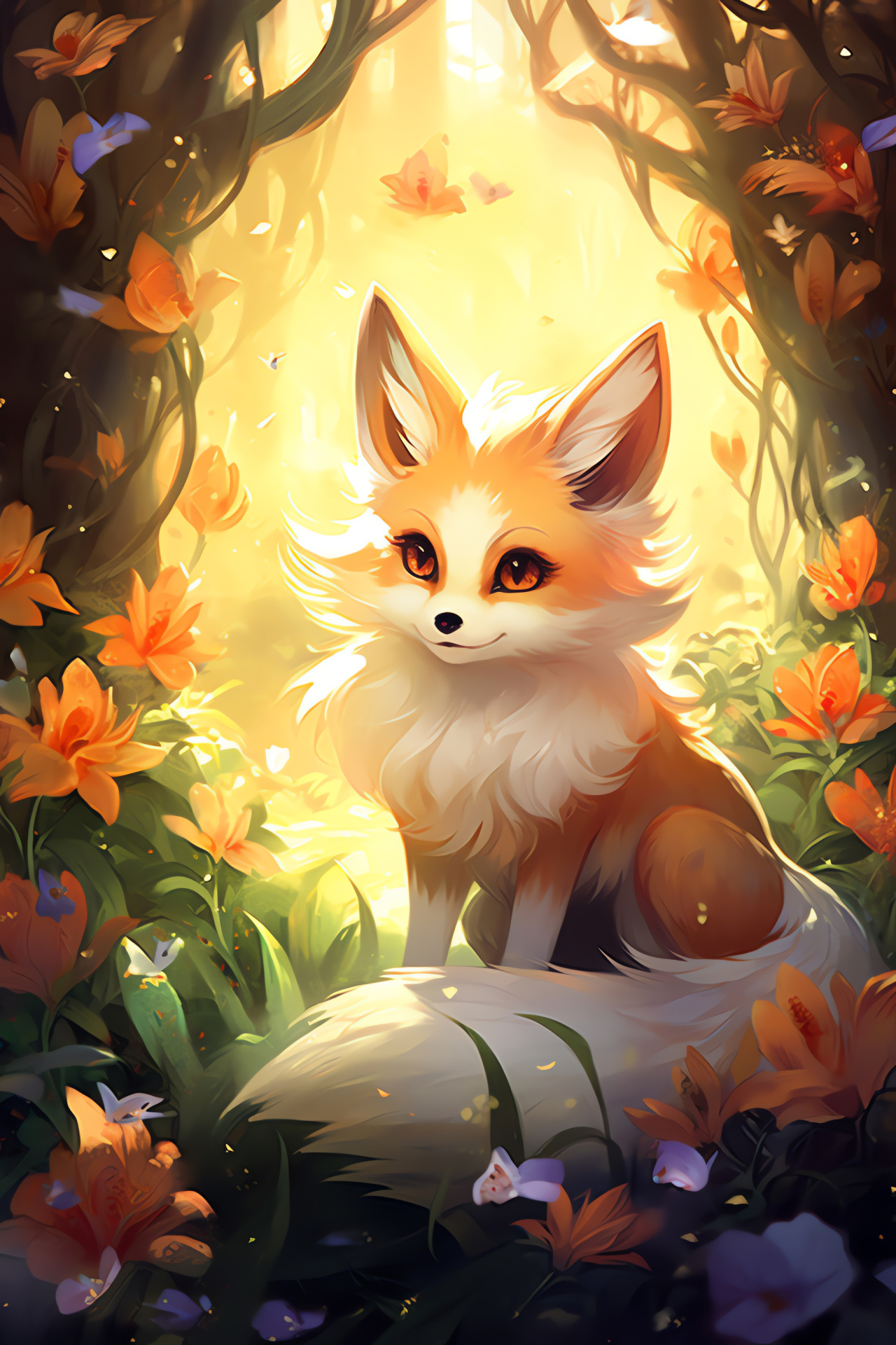 Fennekin in nature, Fiery vulpine spirit, Verdant surroundings, Tints of fire on fur, Delicate daylight, HD Phone Image