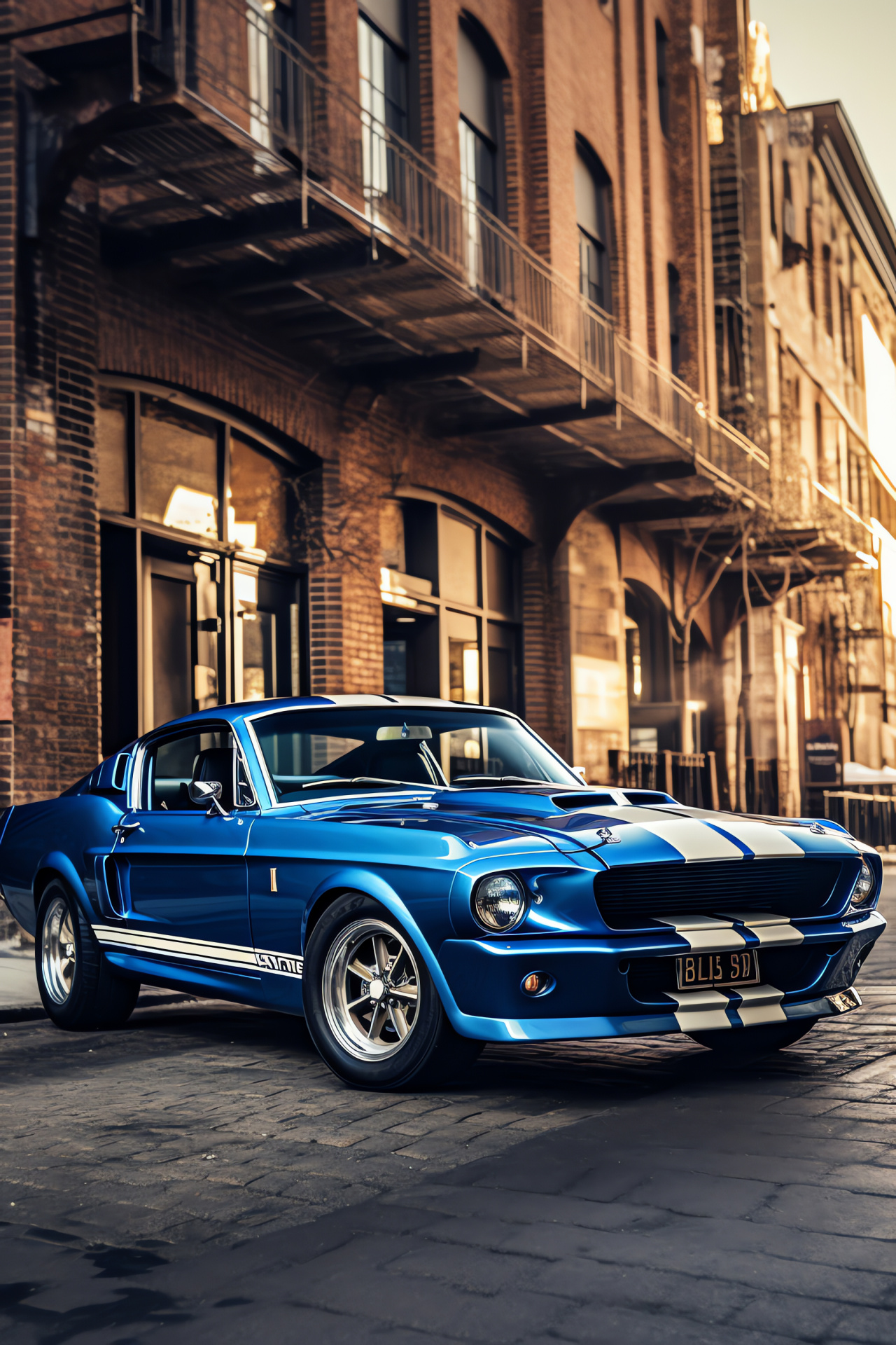 Shelby Mustang GT500 Fastback, Time-honored backdrop, Classic blue-white combo, Retro urban charm, Muscle car classicism, HD Phone Image