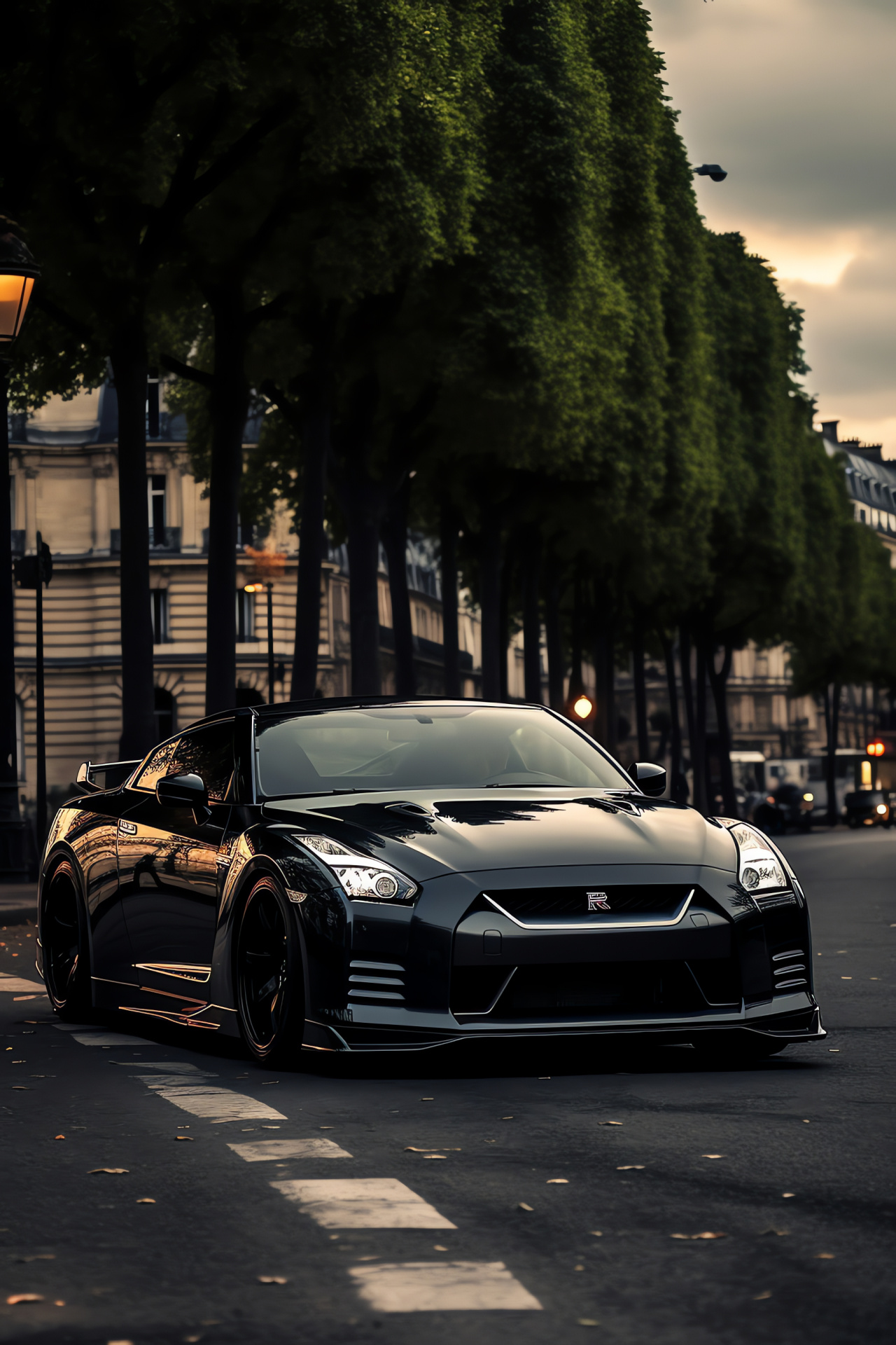 Nissan GTR R35 Black Edition, Paris backdrop, High-performance coupe, Automobile elegance, City lights, HD Phone Image