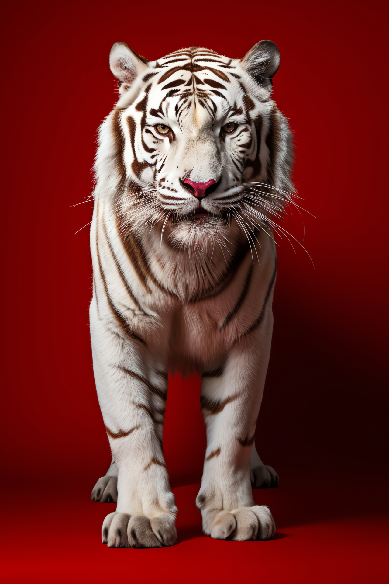 Tiger posture, stark red contrast, keen blue gaze, pure fur display, solitary feline, HD Phone Image