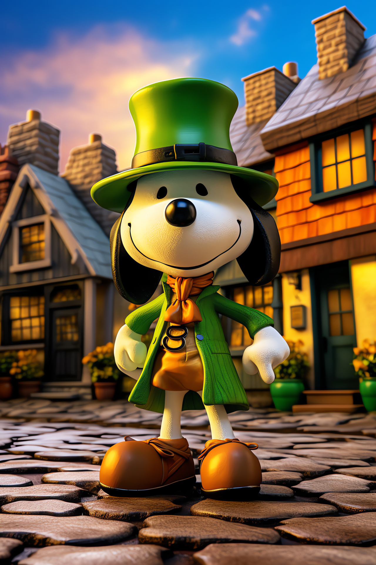 Snoopy, St. Patrick's, Irish folklore costume, paved pathways, vibrant dwellings, HD Phone Image