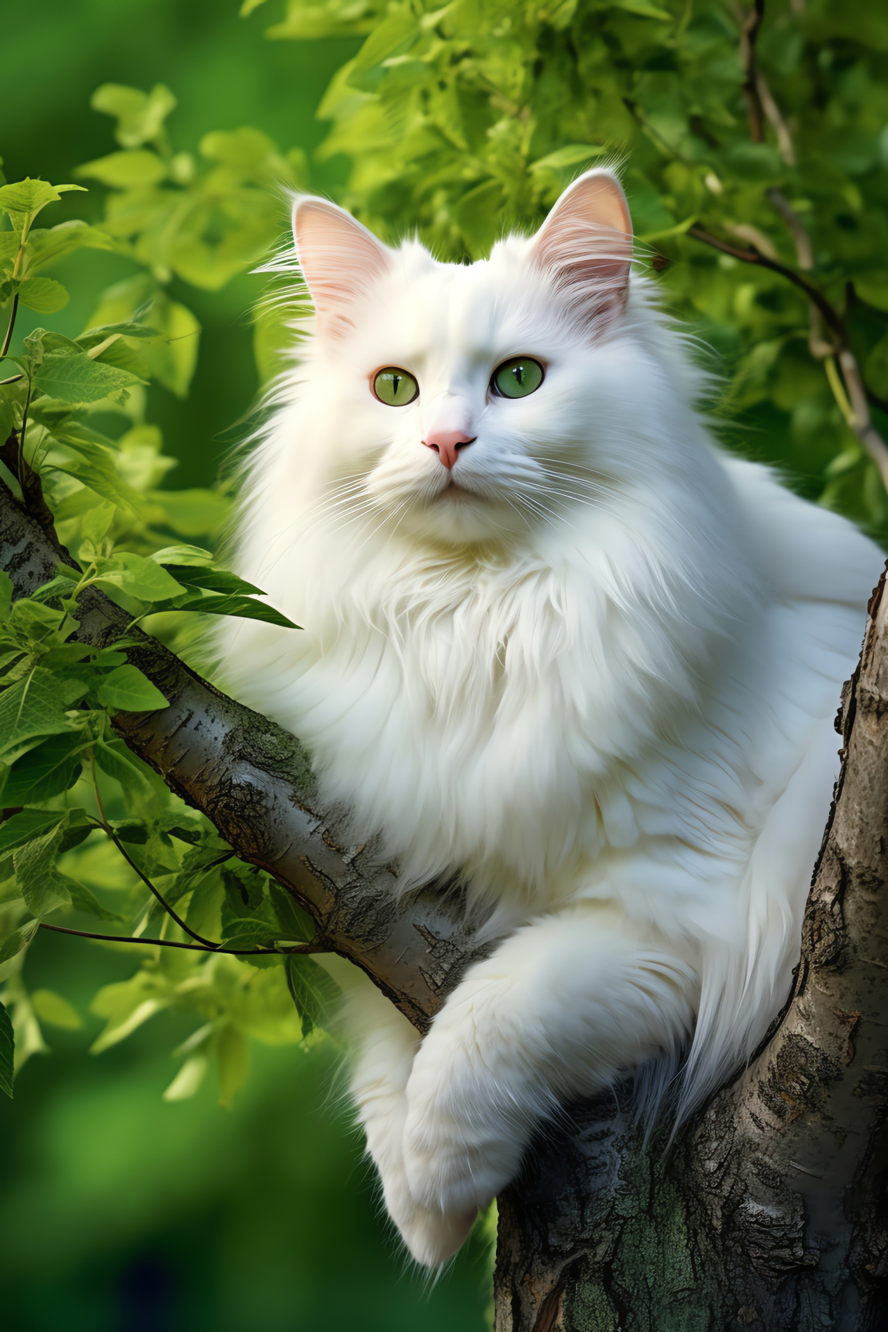 Norwegian Forest cat, verdant orbs, velveteen coat, snow-capped fur, majestic collar, HD Phone Image