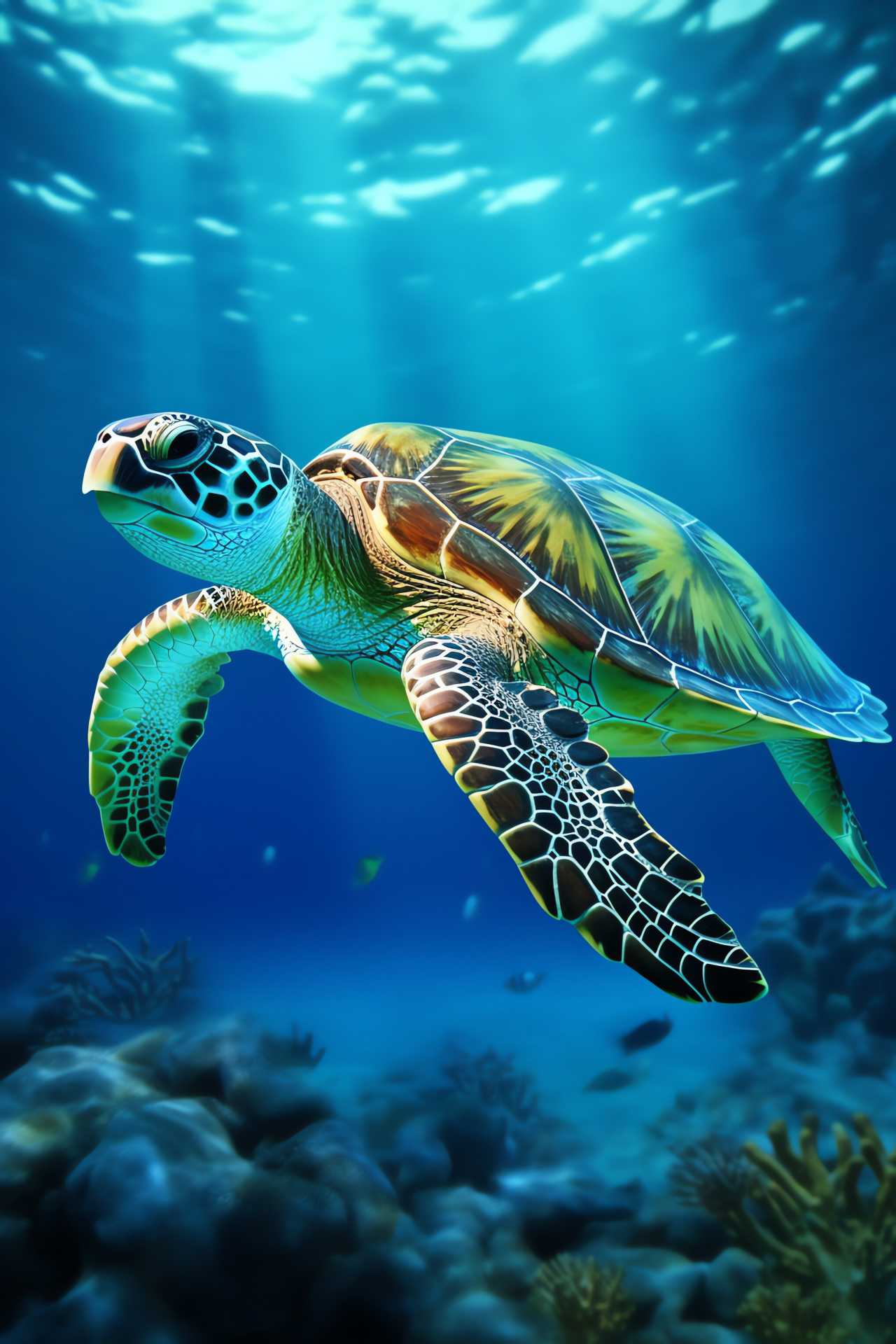 Marine Turtle, Ocean-friendly reptile, Gliding through aquatic realm, Two-tone oceanic backdrop, Shell design complexity, HD Phone Wallpaper