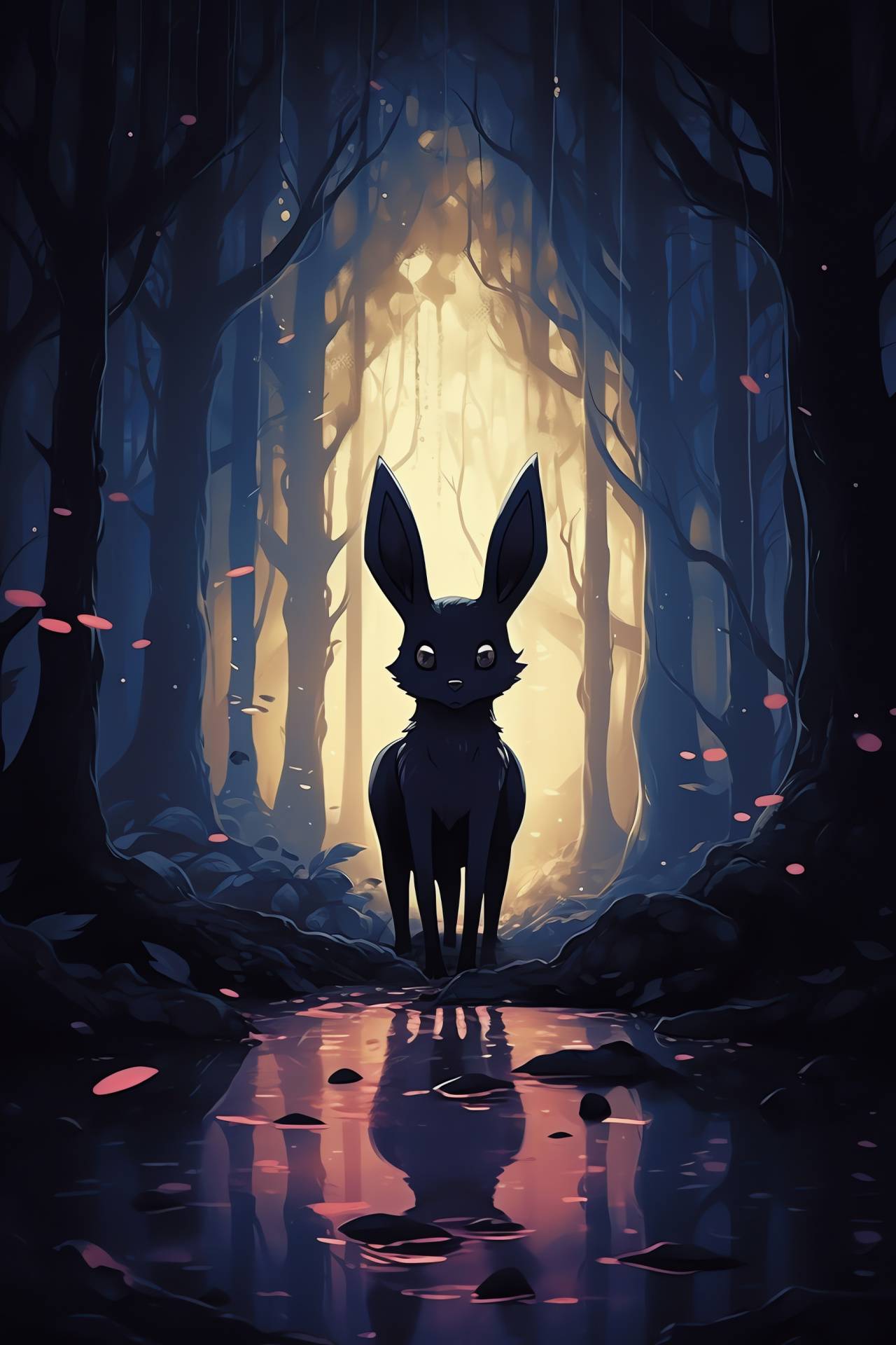 Umbreon, Nocturnal setting, Twilight woods, Creeping silhouettes, Phantom luminescence, HD Phone Wallpaper