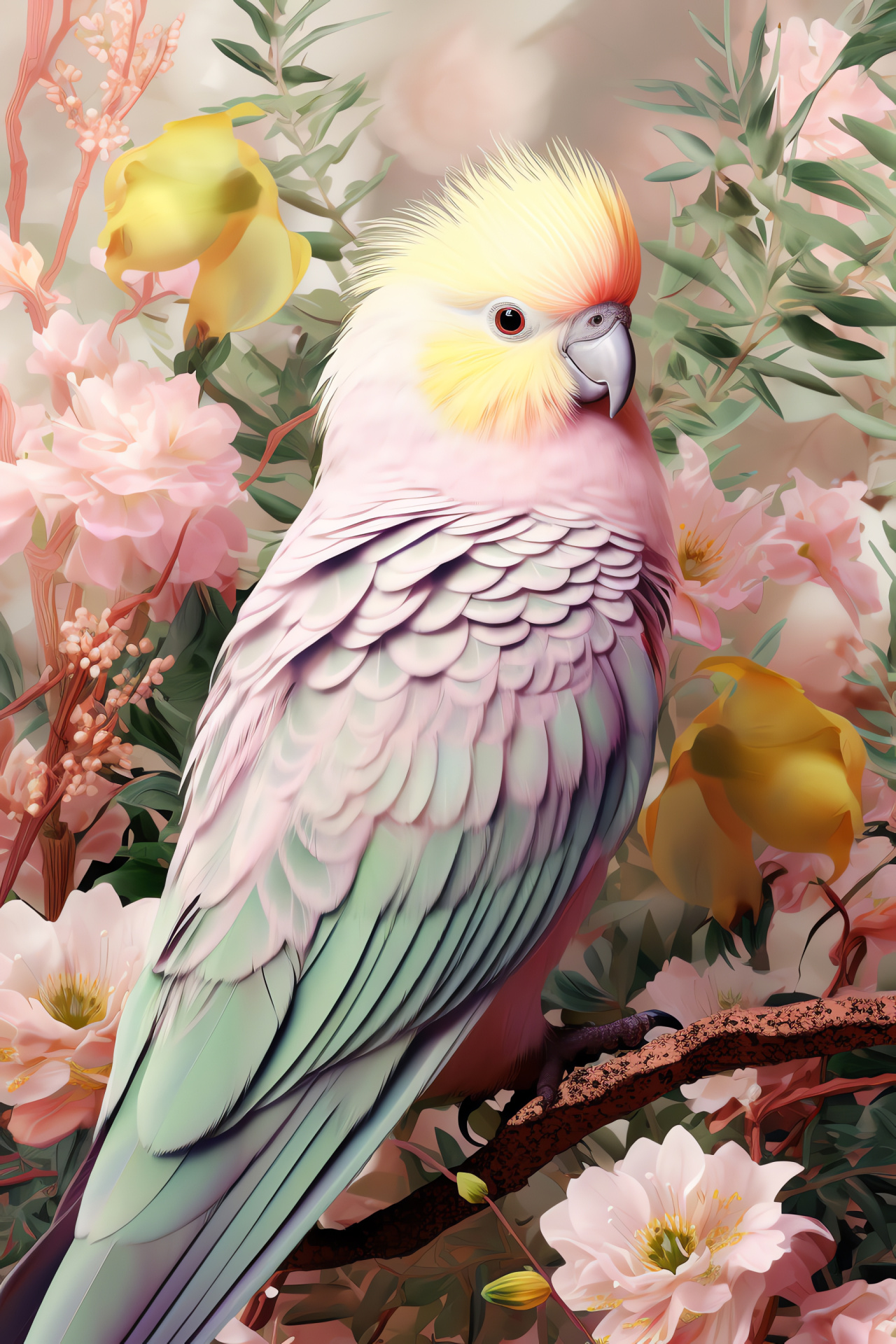 Parakeet, yellow feathers, serene garden, pastel colors, peaceful nature, HD Phone Image