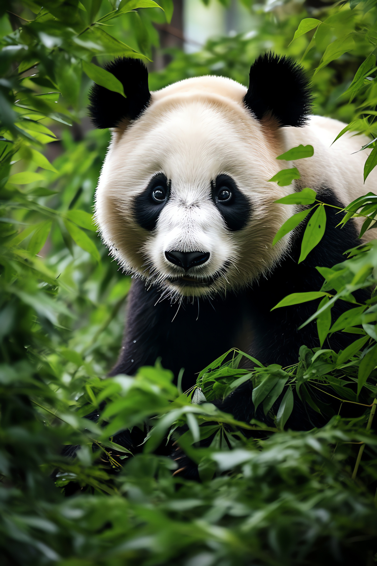 Panda, golden eyes, bamboo forest, natural fur, animal sanctuary, HD Phone Image