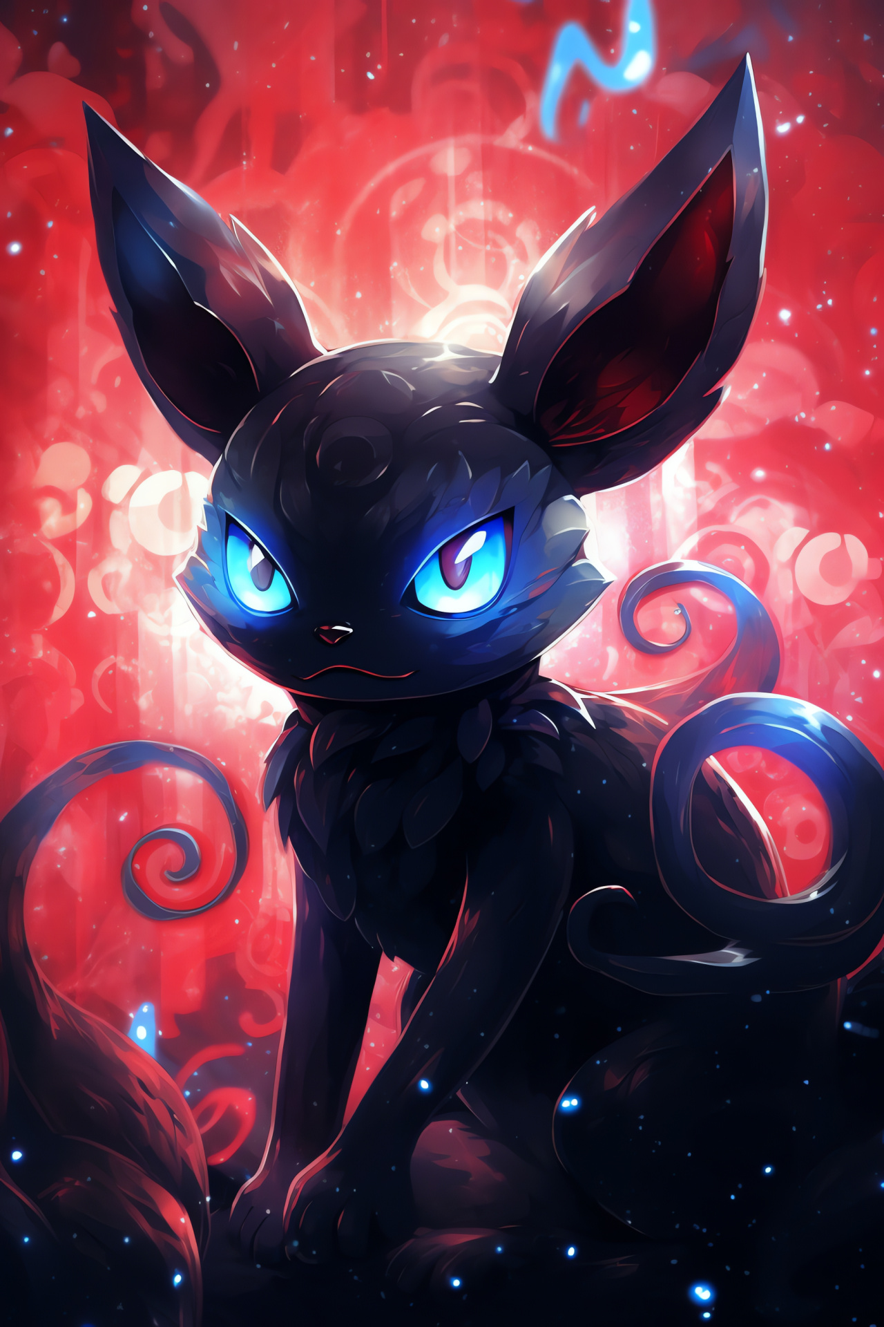 Shiny Umbreon contrast, Eevee evolution, Commanding presence, Glossy fur texture, Monochromatic theme, HD Phone Image