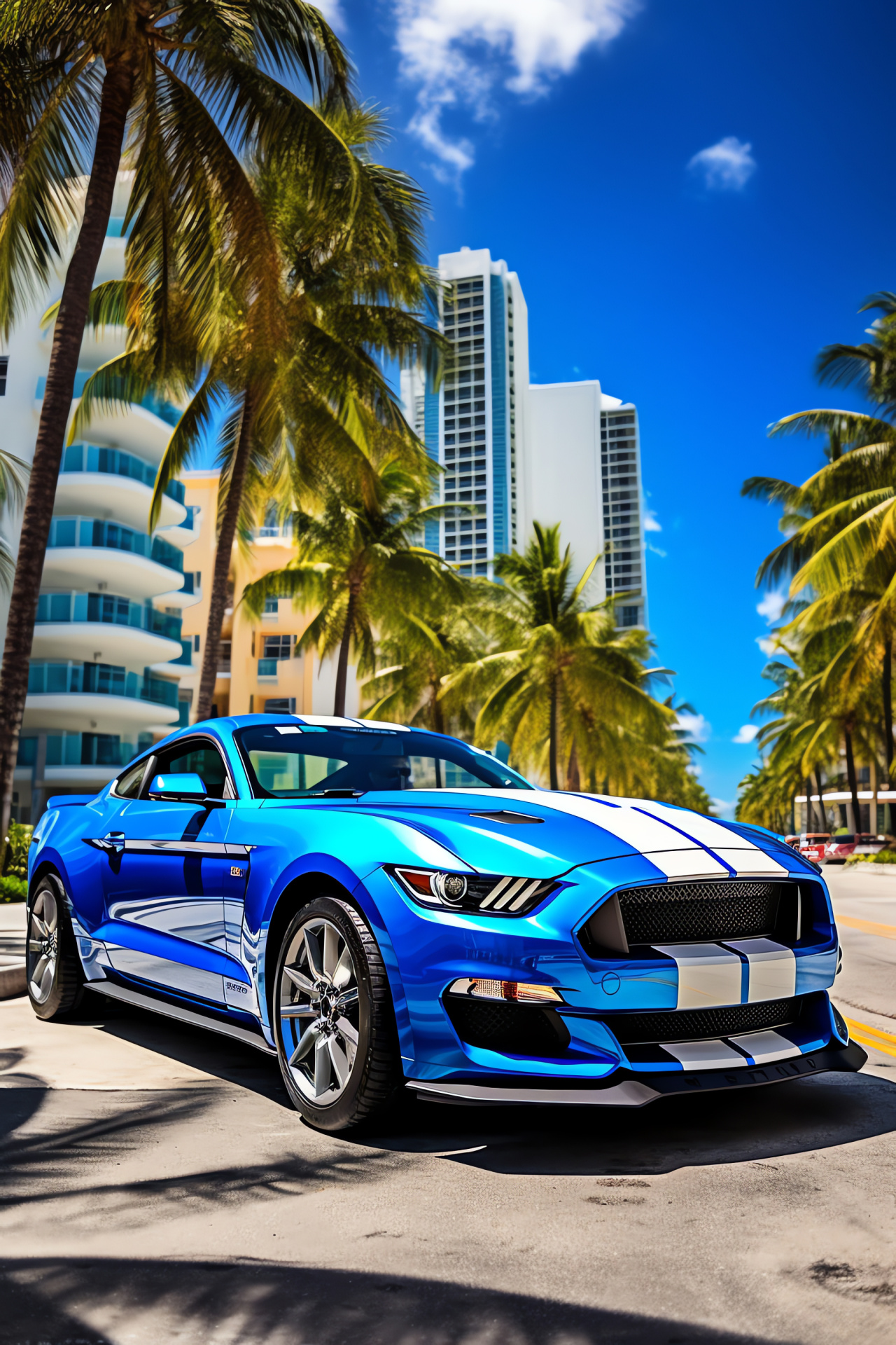 Mustang GT350, Miami atmosphere, Artistic South Beach setting, Dazzling blue finish, Historical architecture, HD Phone Wallpaper