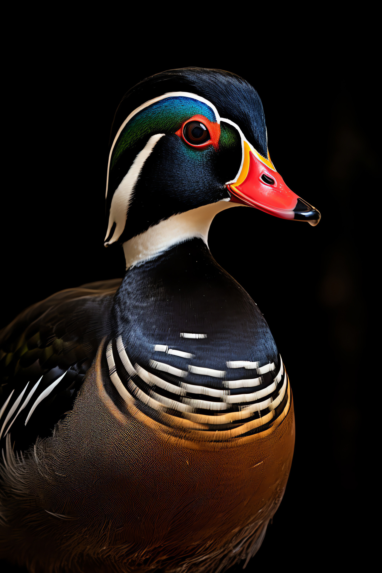 Wood Duck, poised stance, conspicuous feathers, dark environment, detailed feather design, HD Phone Image