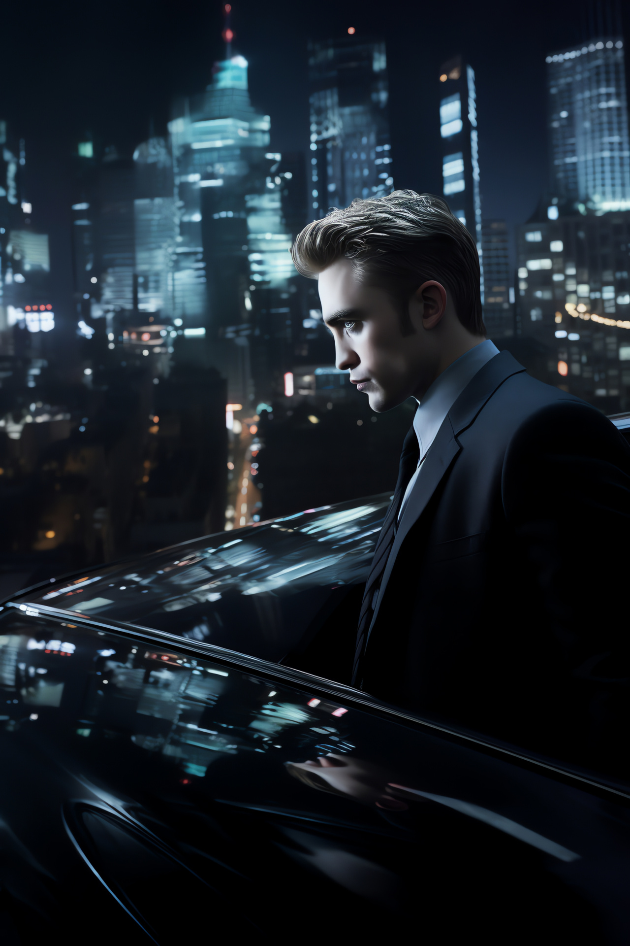 Robert Pattinson, Contemporary role, Economic narrative, City skyline, Executive transport, HD Phone Image