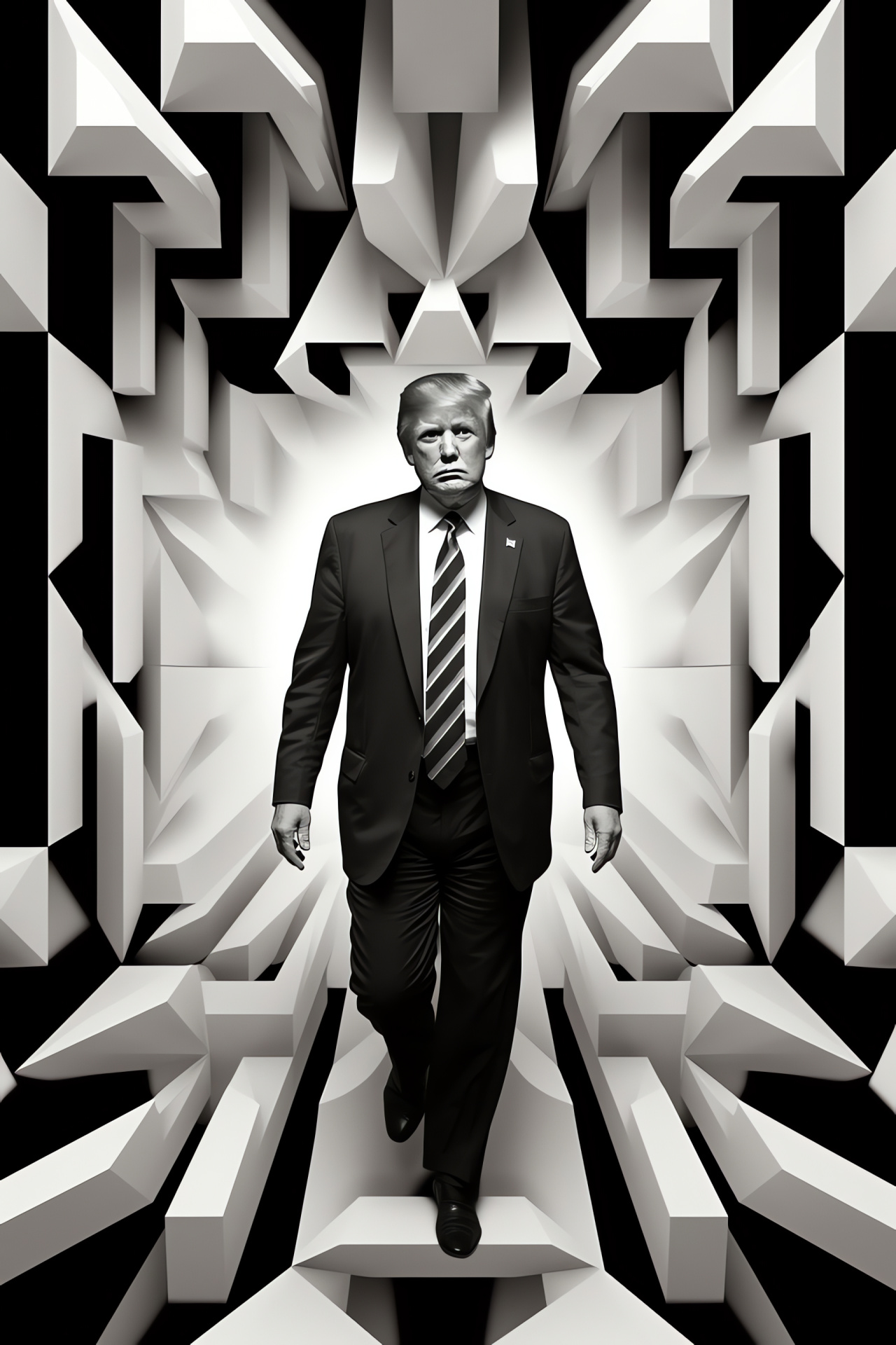 Donald Trump portrait, demeanor composed, attentive focus, monochrome geometric patterns, interlocked hands, HD Phone Wallpaper