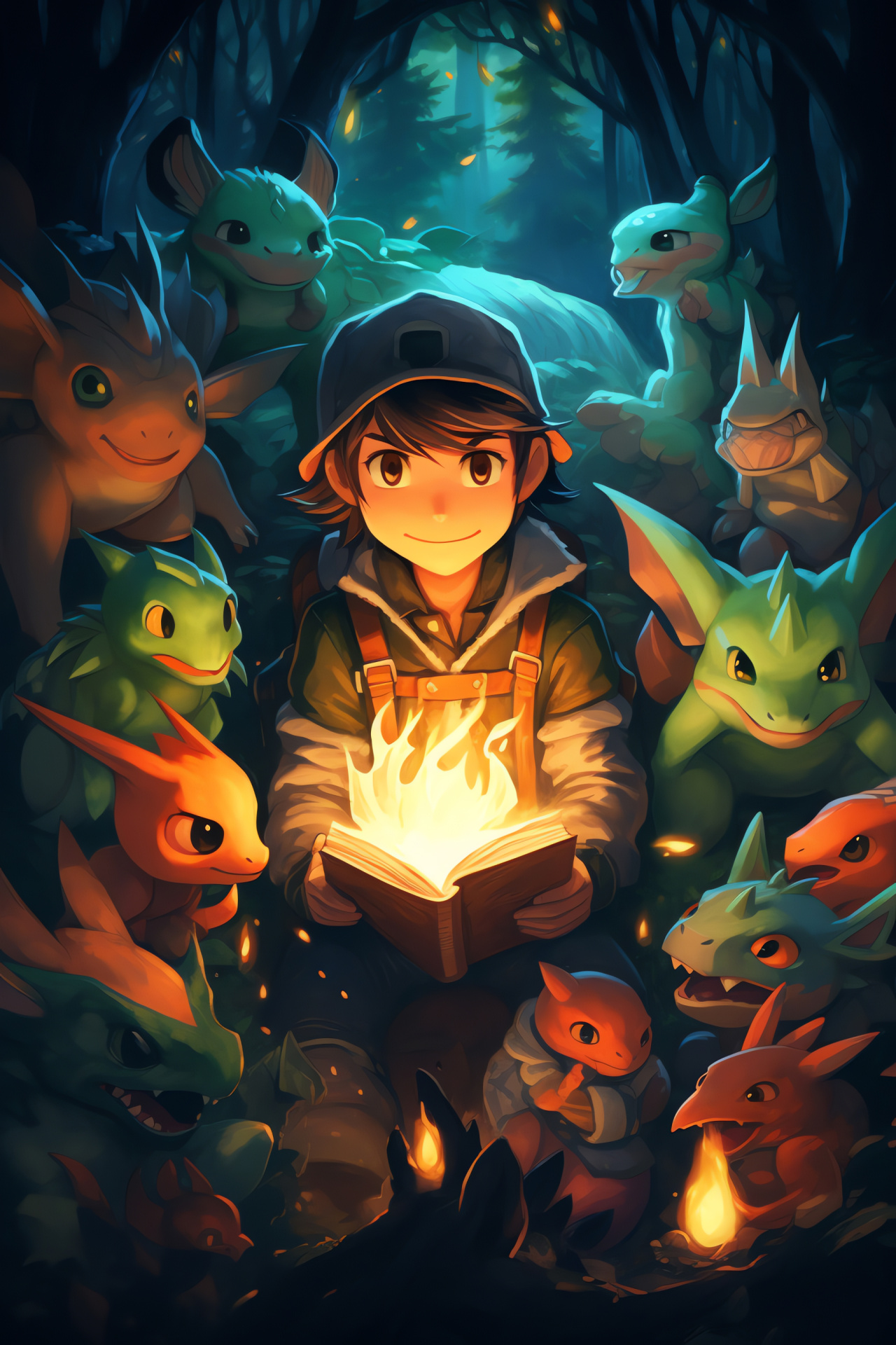 Pokemon Ash companion, Charizard bonded, Wild forest habitat, Evening campfire setting, Starlit sky, HD Phone Wallpaper