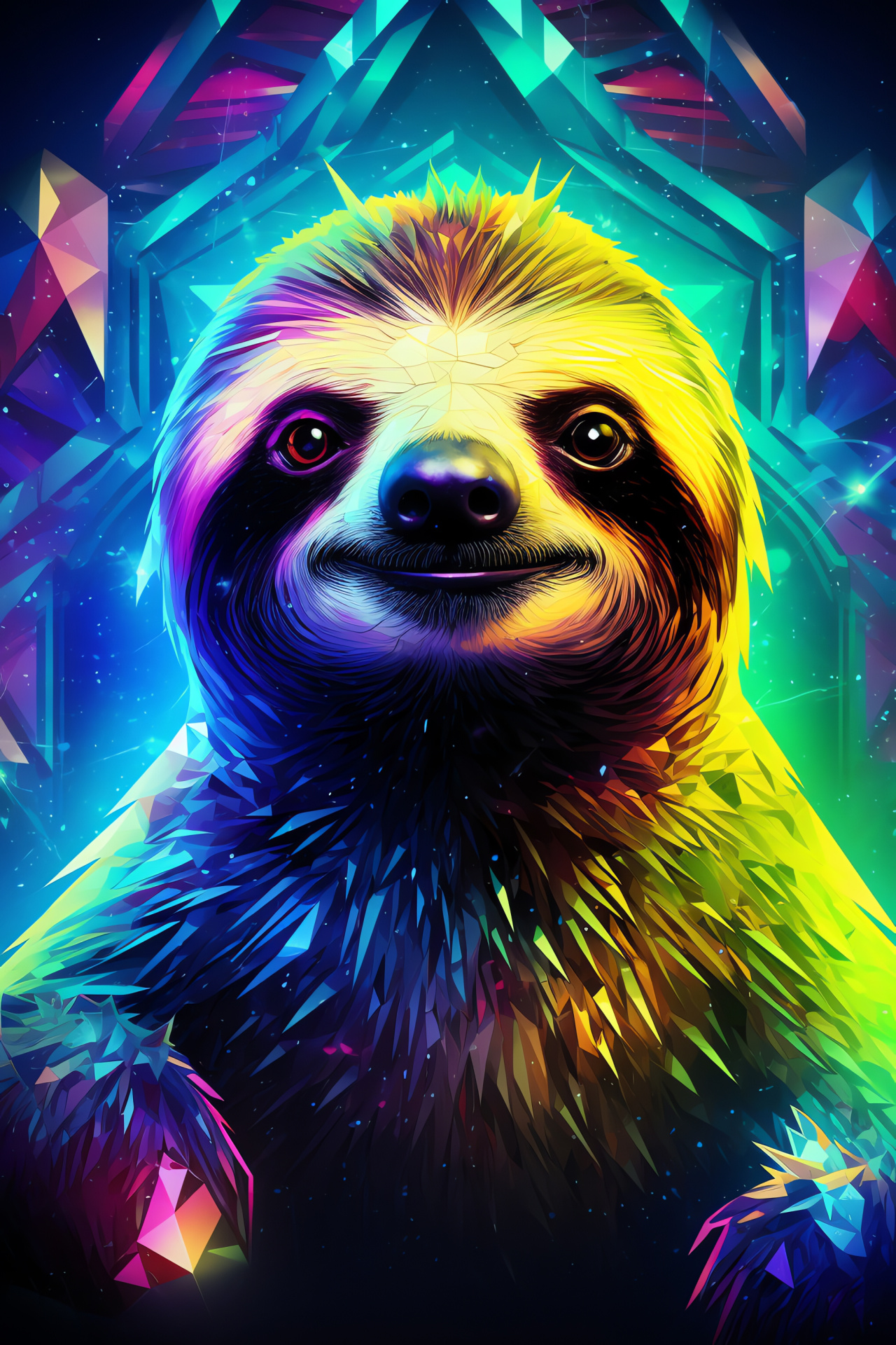 Neon Space Sloth, Vibrant fur, Electric blue gaze, Geometric background, Cosmic-themed design, HD Phone Image