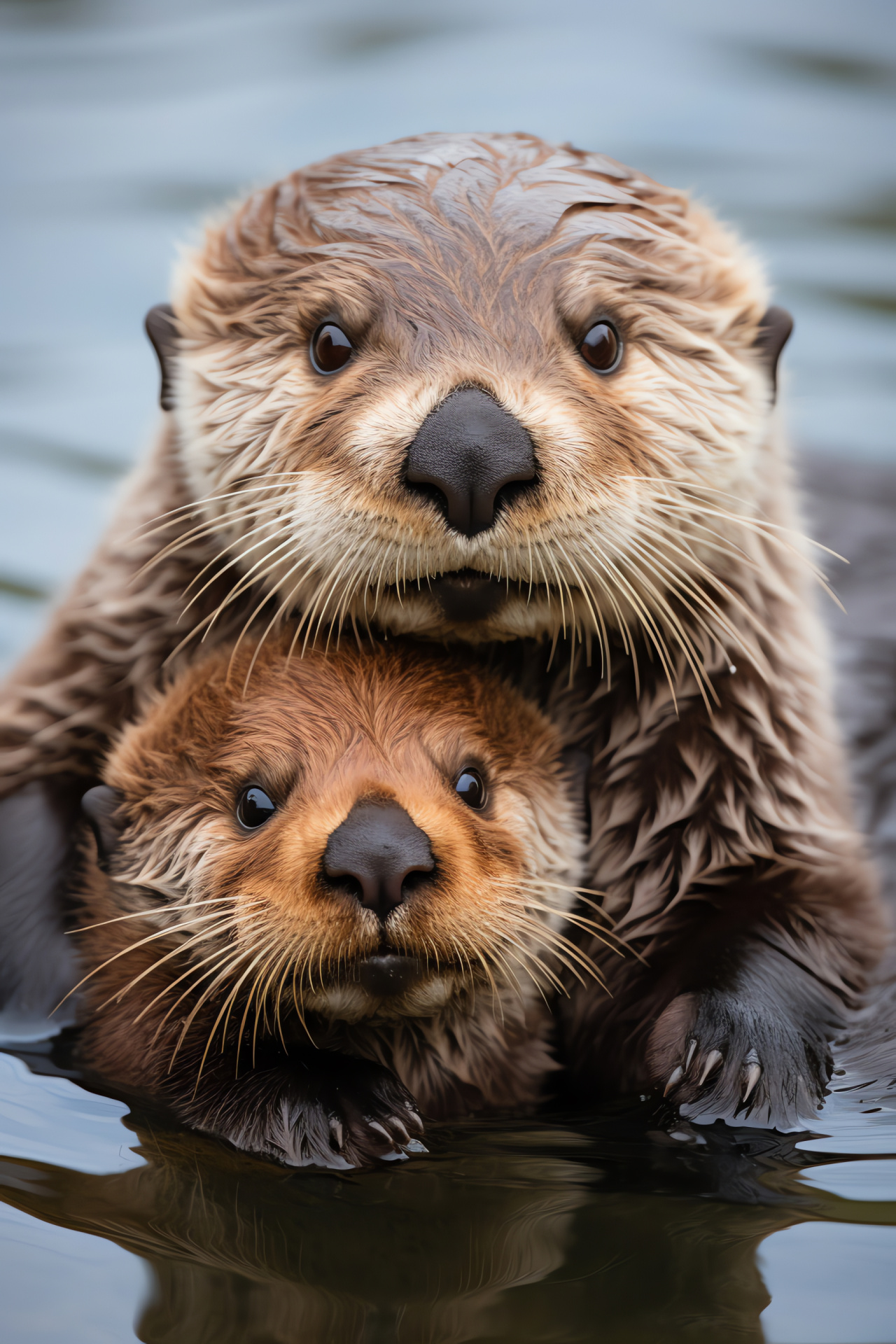 Sea otter offspring, marine family unit, playful pup, aquatic nursing, kelp habitat resident, HD Phone Image