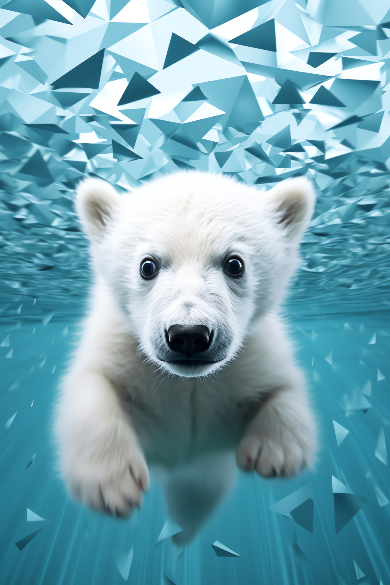 Polar Bear cub, white fur, geometric backdrop, Arctic animal, brown highlights, HD Phone Image