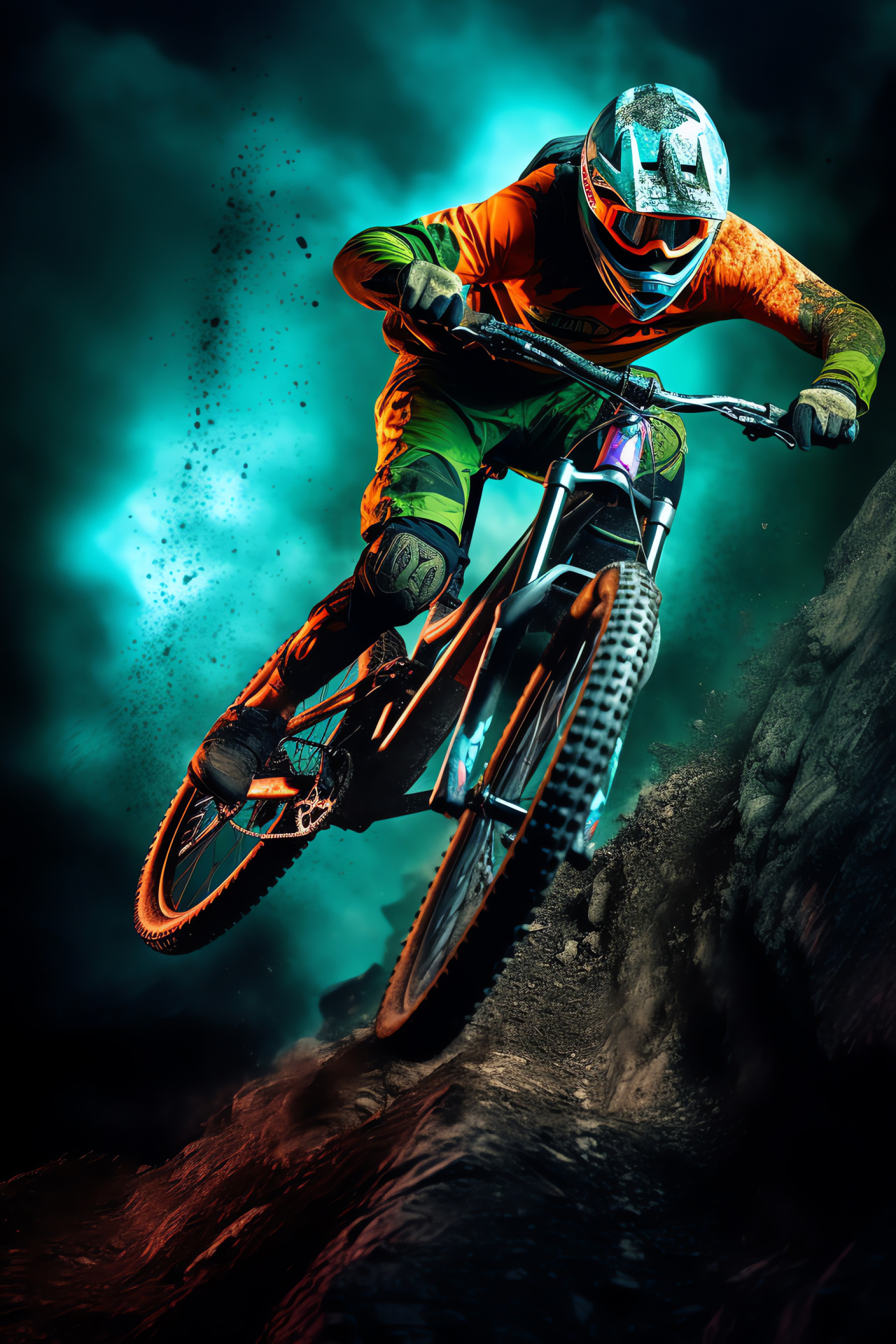 MTB aerial dynamics, Neon flourish, Extreme descending, Visual spectacle enchantment, High-octane cycle event, HD Phone Wallpaper