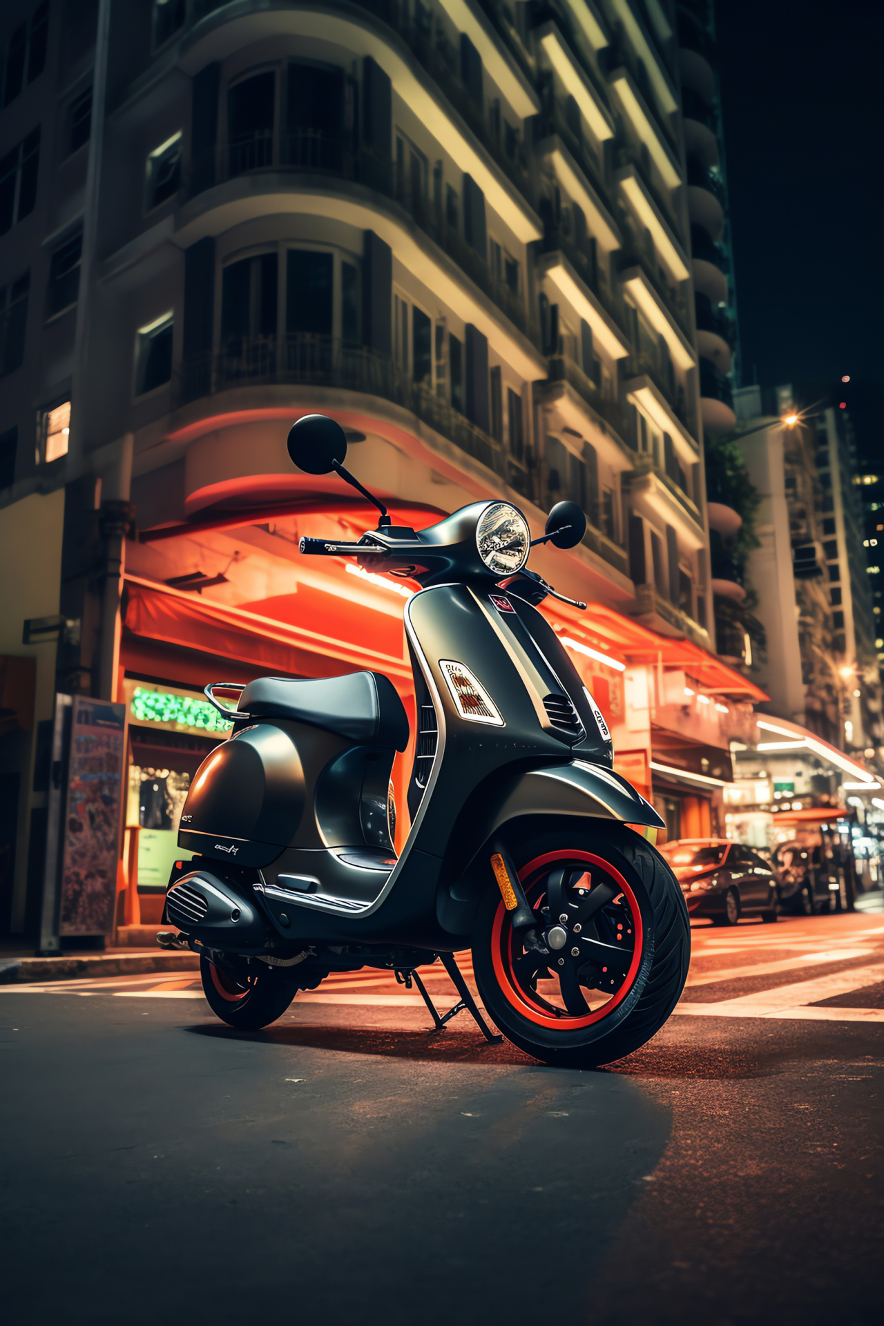 Hong Kong Vespa journey, GTS 300 SuperSport HPE, High-rise urban backdrop, Neon-lit city travels, Vibrant Vespa lifestyle, HD Phone Wallpaper