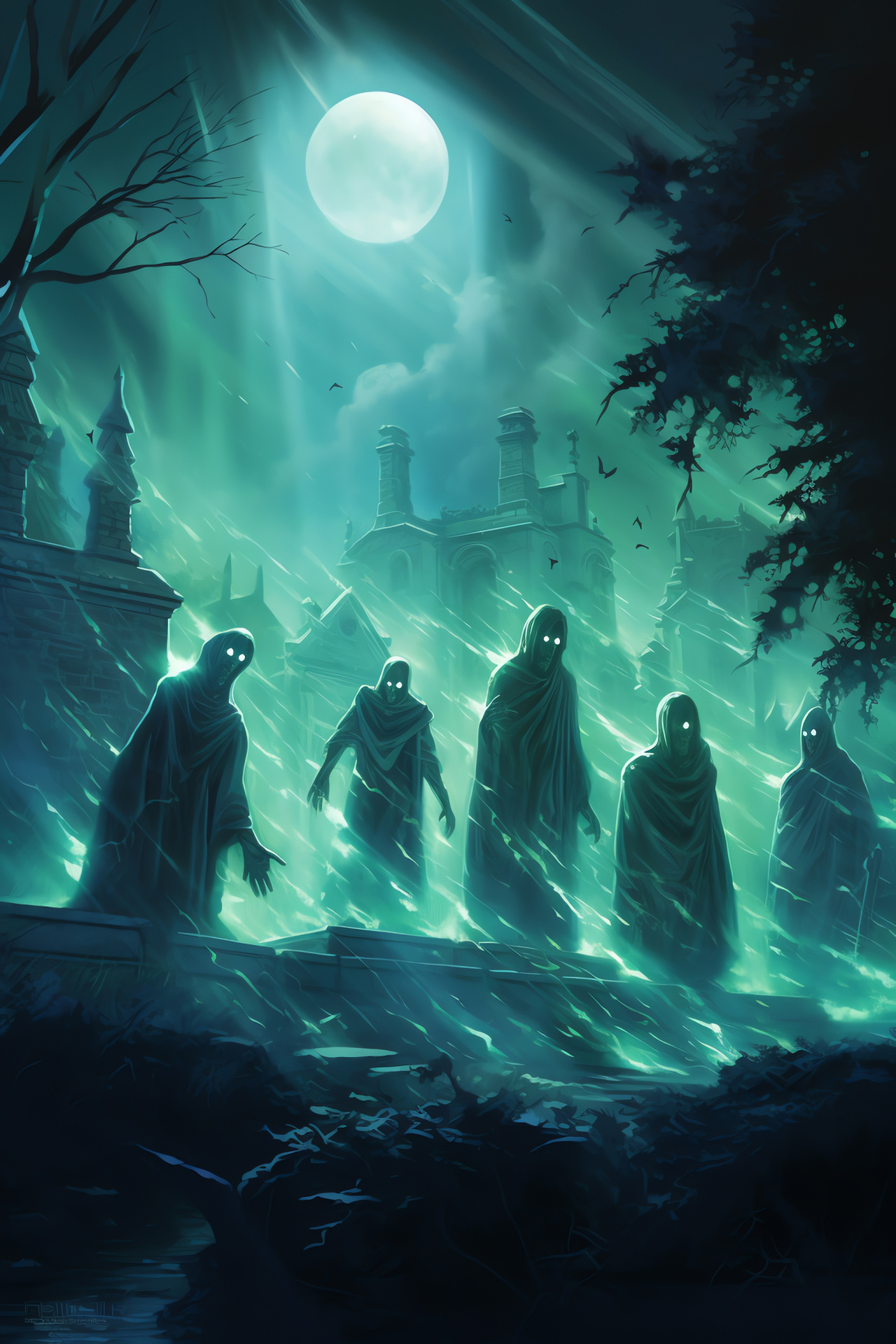 Ghostly encounters, MTG spectral scene, Eerie graveyard, Ethereal apparitions, Card game illustration, HD Phone Image