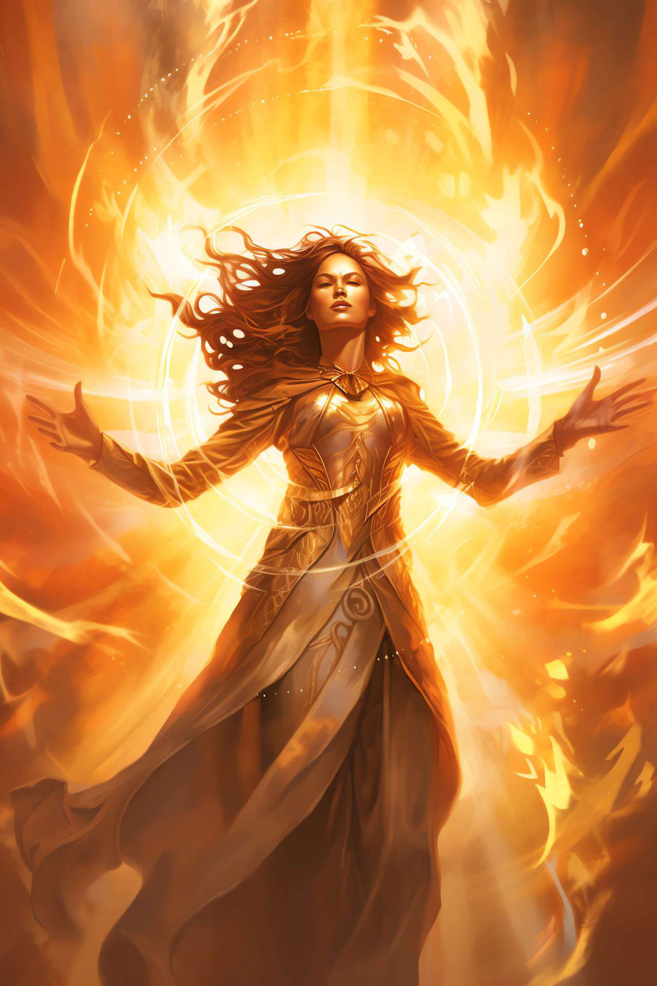 MTG Elspeth Sun's Champion, Warrior in golden armor, Sunlit battleground, Heroic stance, Card game legend, HD Phone Image