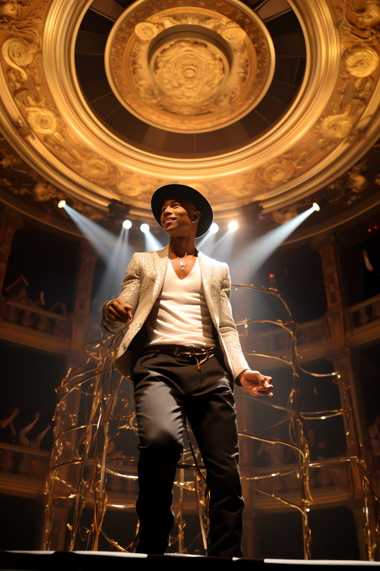 Pharrell, Jazz Age influence, Music performance spectacle, Lavish prop, Opulent setting, HD Phone Wallpaper