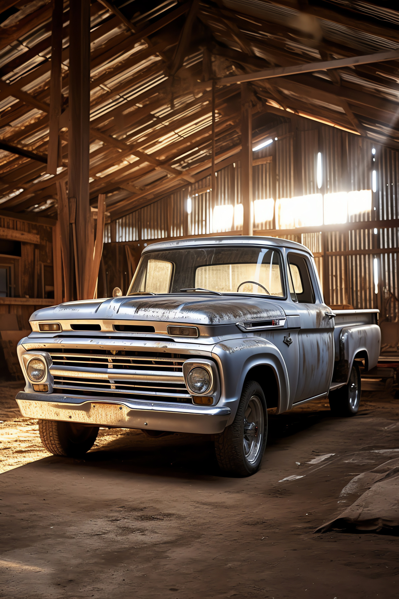 Ford F-350 heritage, Lone Star State, Rustic wooden structure, Silvery truck hue, Heavy-duty auto, HD Phone Image