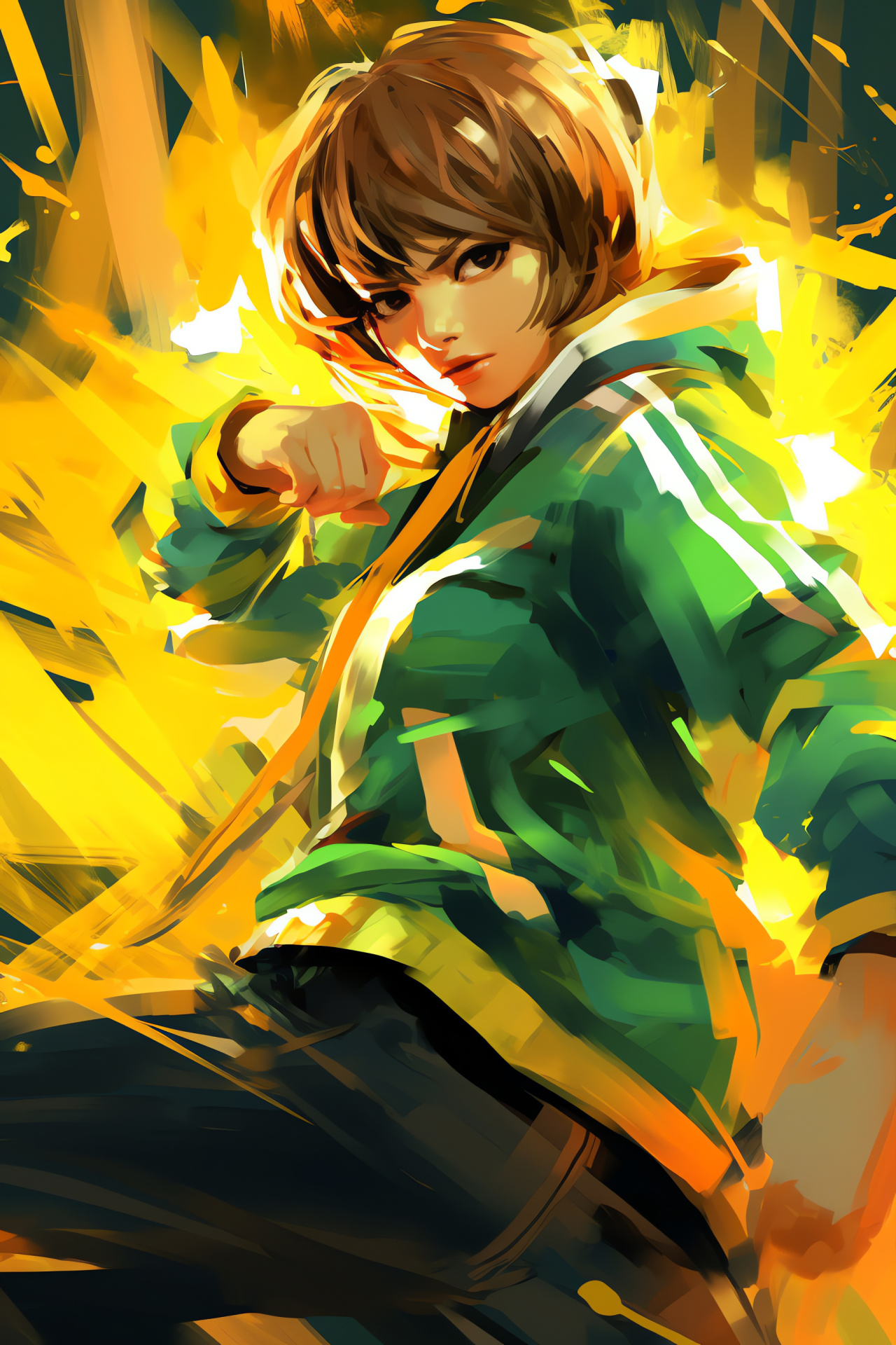 Persona 4 Chie Satonaka, fighter profile, emerald garment, contrasting attire, game character, HD Phone Image