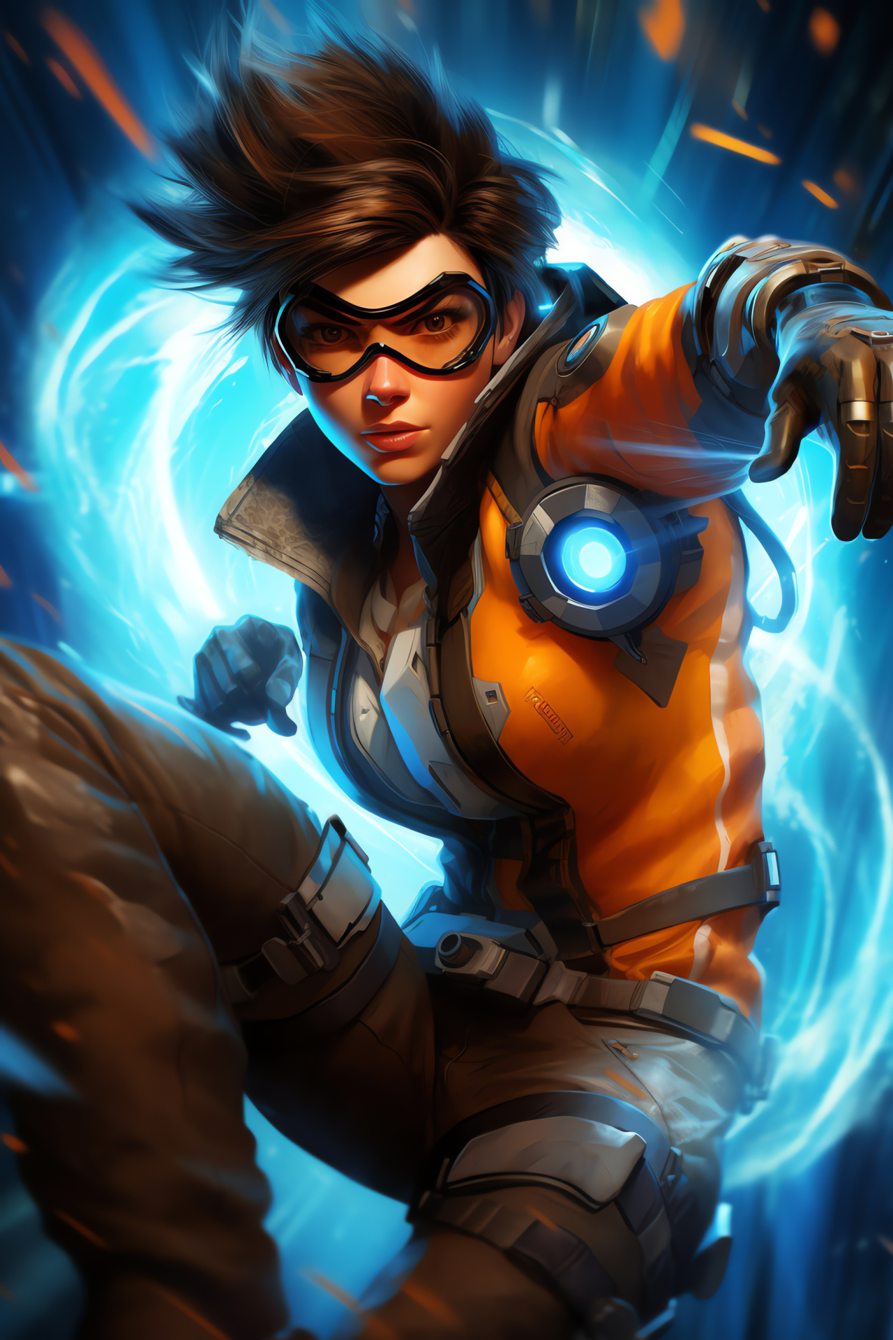 Overwatch Tracer, Laboratory setting, Temporal weaponry, Sci-tech facility, Heroic stance, HD Phone Wallpaper