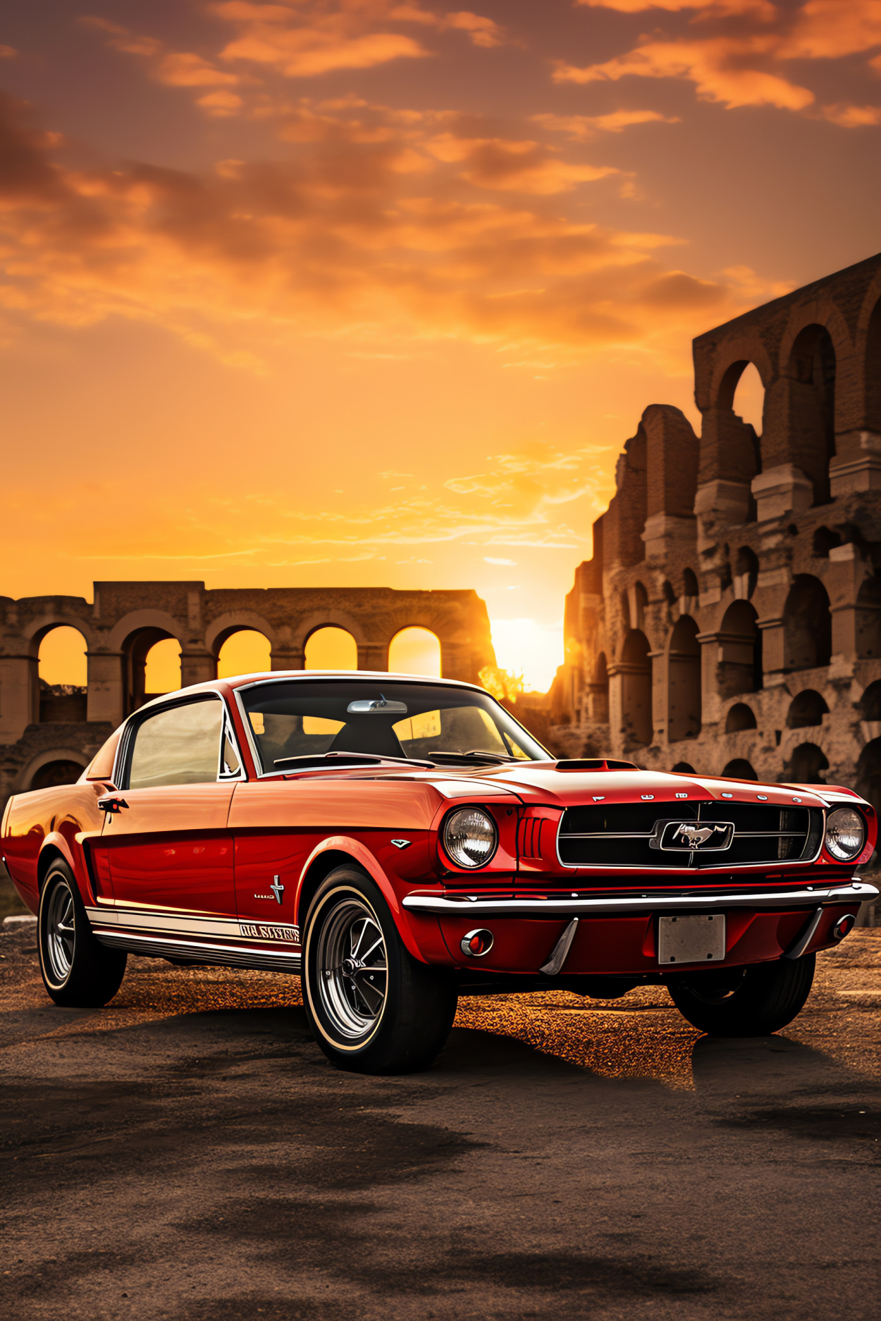 Ford Mustang HD, Roman holiday, ancient ruins backdrop, historical Colosseum sight, architectural grandeur, HD Phone Image