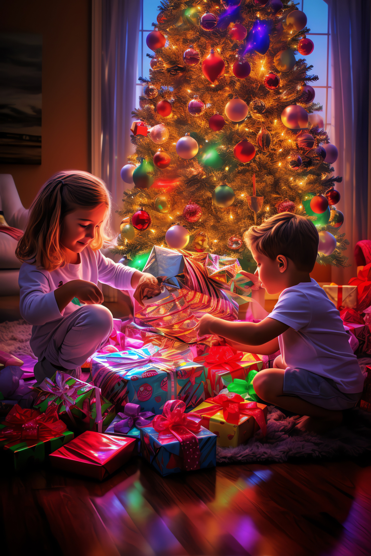 Family Christmas scene, unwrapping gifts, vibrant tree decorations, festive merriment, holiday anticipation, HD Phone Image