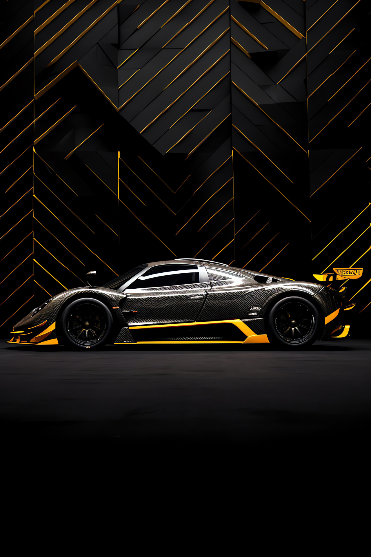 Pagani Zonda F, Dynamic composition, Abstract backdrop, Luxury performance car, Italian engineering, HD Phone Image