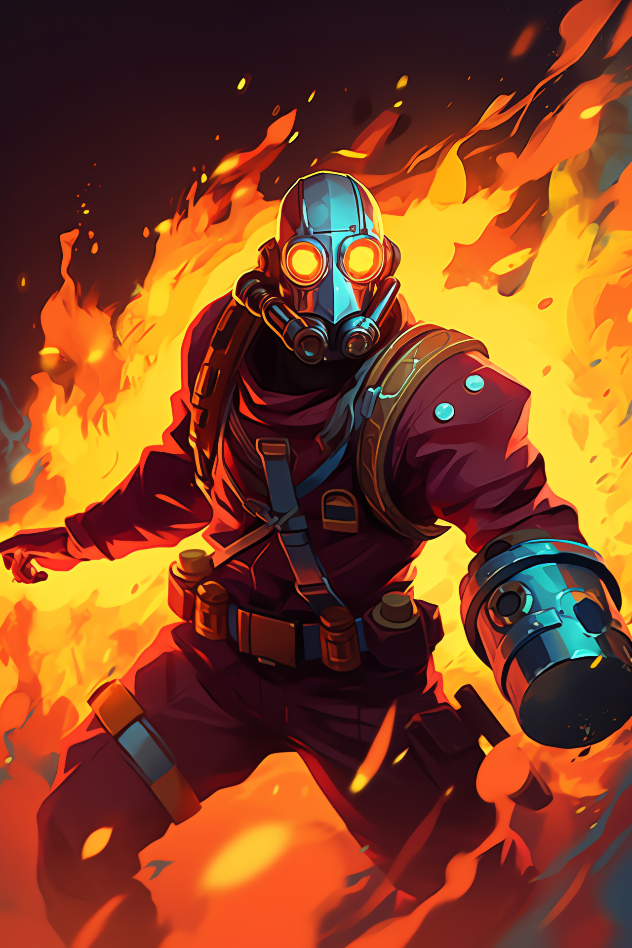 TF2 Pyro character, intense combat, deadly weapon, agility motion, Valve game series, HD Phone Wallpaper