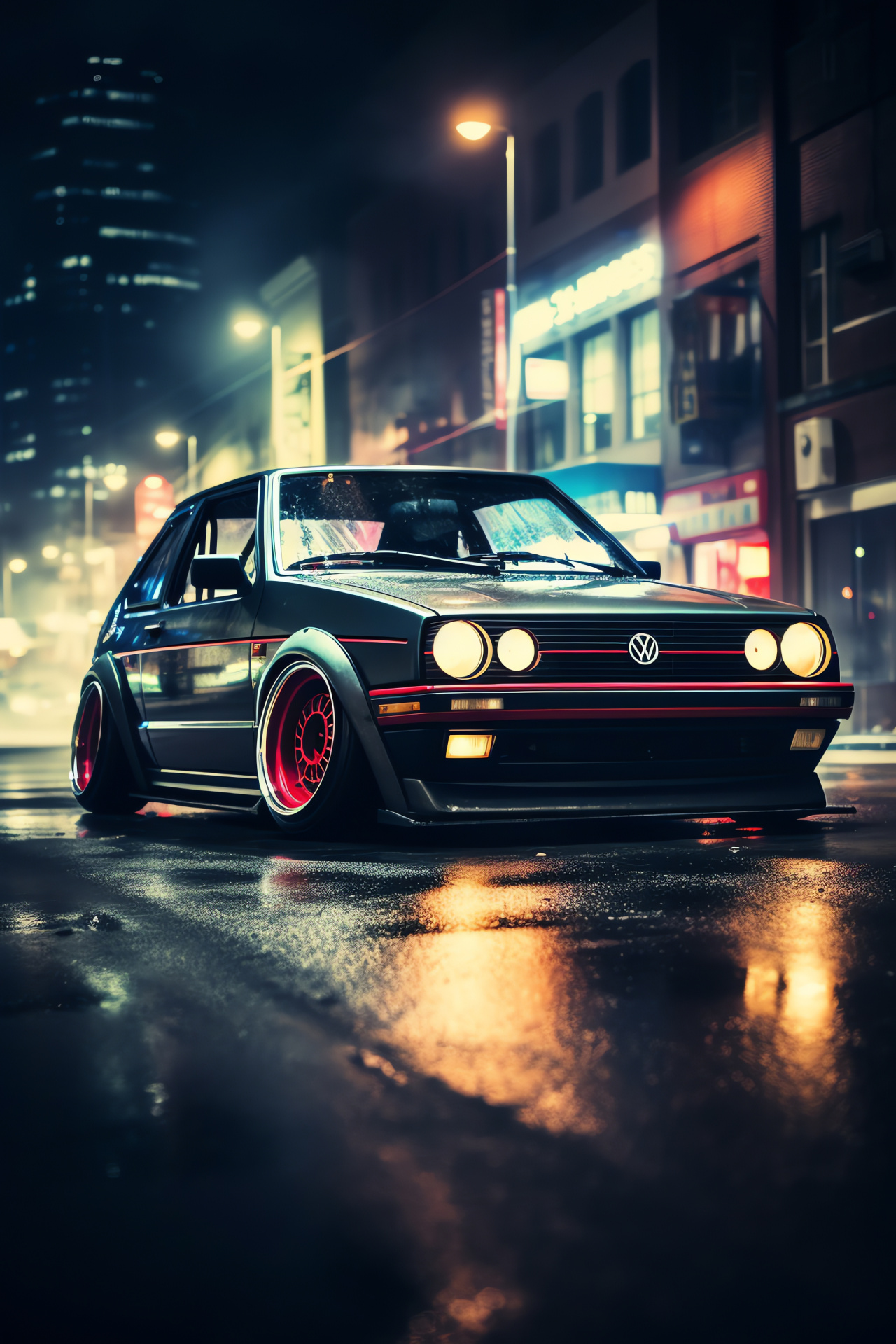 Volkswagen Golf GTI, Stanced tuning culture, Performance hatchback, Drifting action, Urban night scene, HD Phone Image