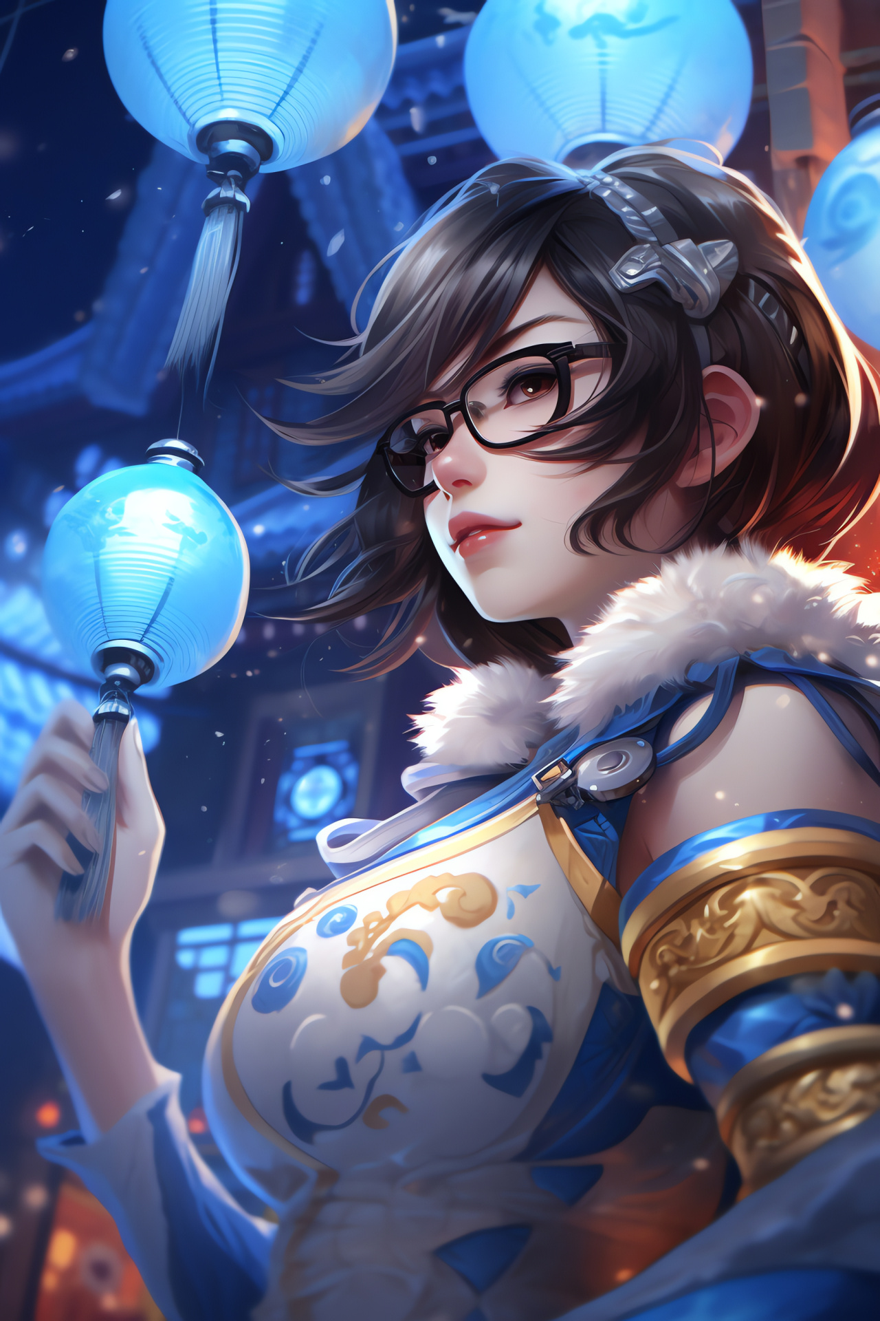 Overwatch Mei, Lijiang Tower battle, self-freezing maneuver, alley engagement, festive lighting, HD Phone Wallpaper