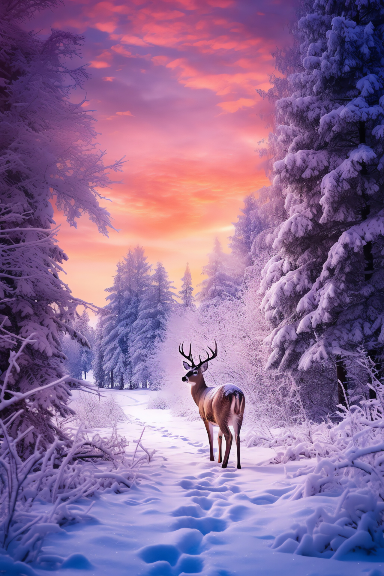 Seasonal woodland, Evening calm, Skyline at twilight, White snowfall, Pine tree silhouettes, HD Phone Image