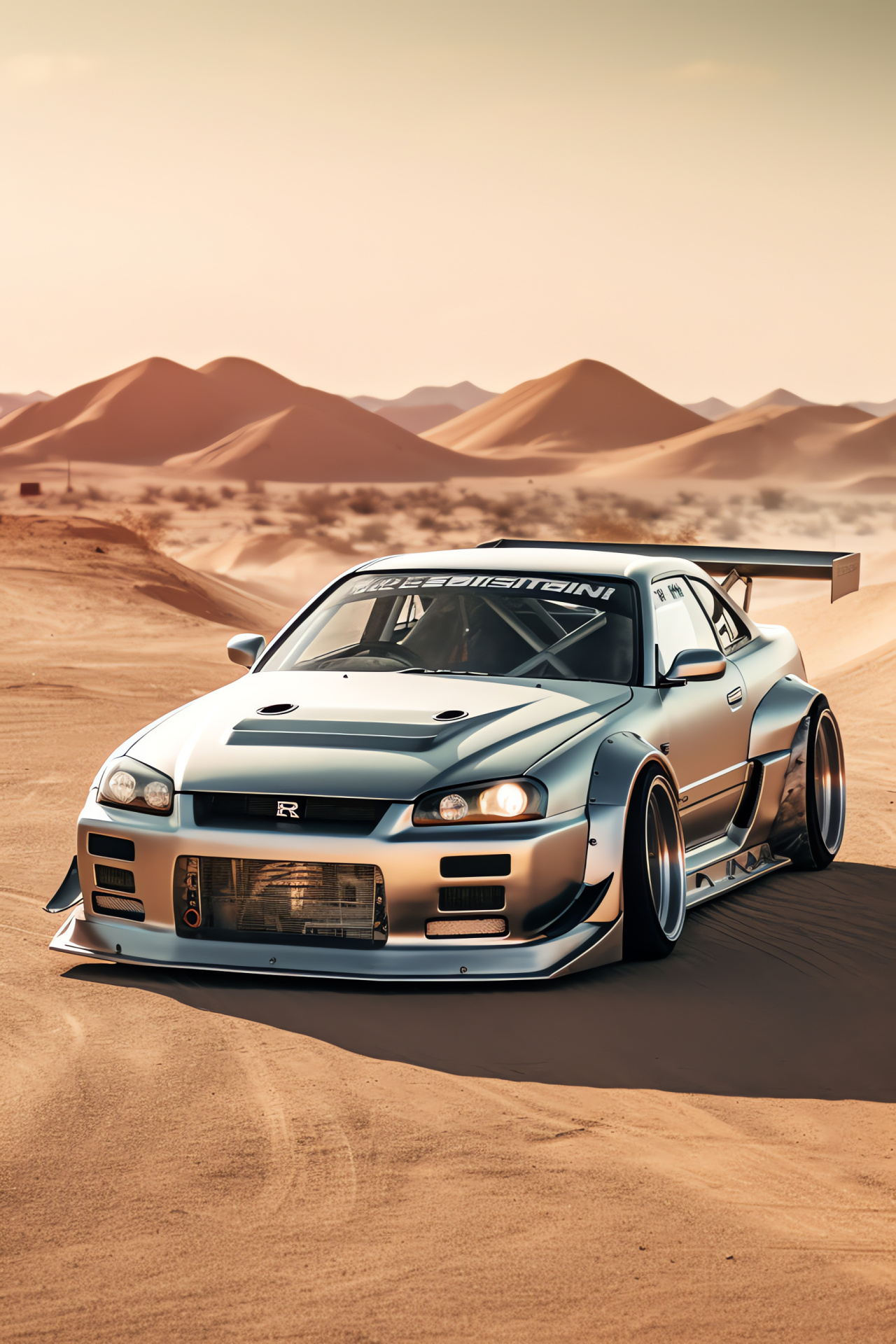 Nissan Skyline GTR R33, Desert landscape, Overhead view, Automotive power, Metallic sheen, HD Phone Image