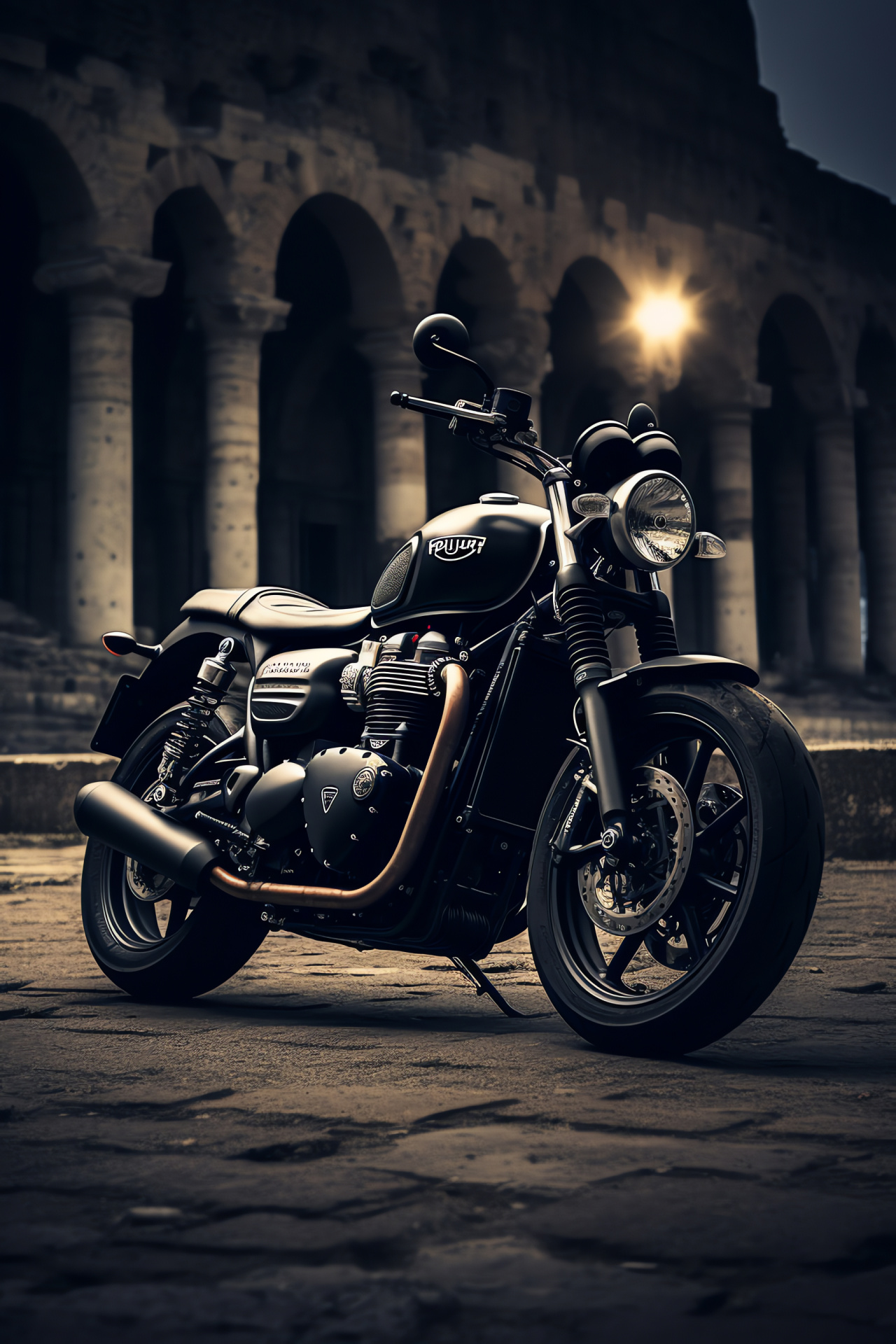 Triumph Bonneville T120 Black, Historical Italian monument, Classic matte aesthetics, Rome's architectural grandeur, Twin cylinder heritage, HD Phone Image