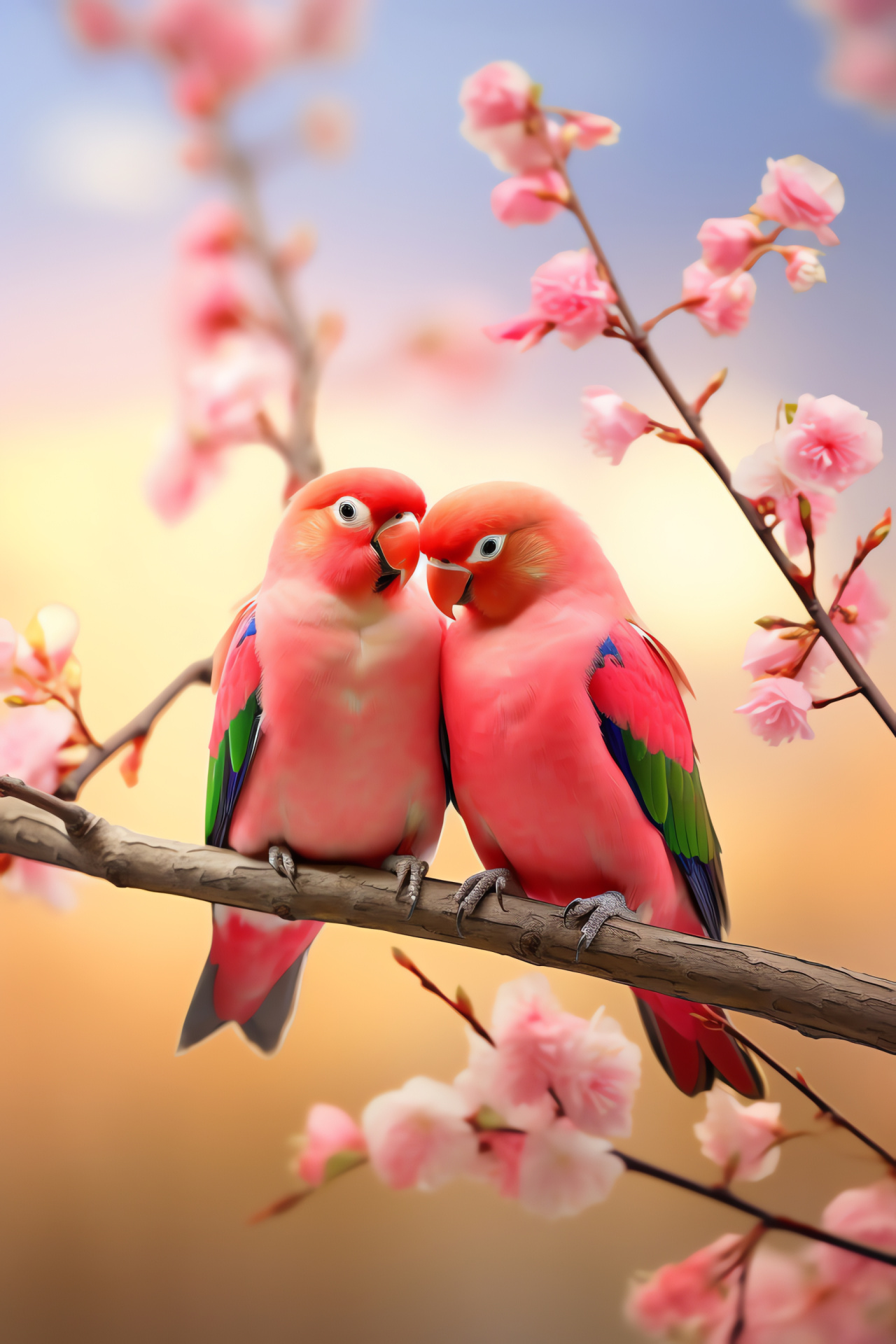 Affectionate avians, Crimson plumage, Blush-colored birds, Pastoral scenes, Winged romance, HD Phone Image