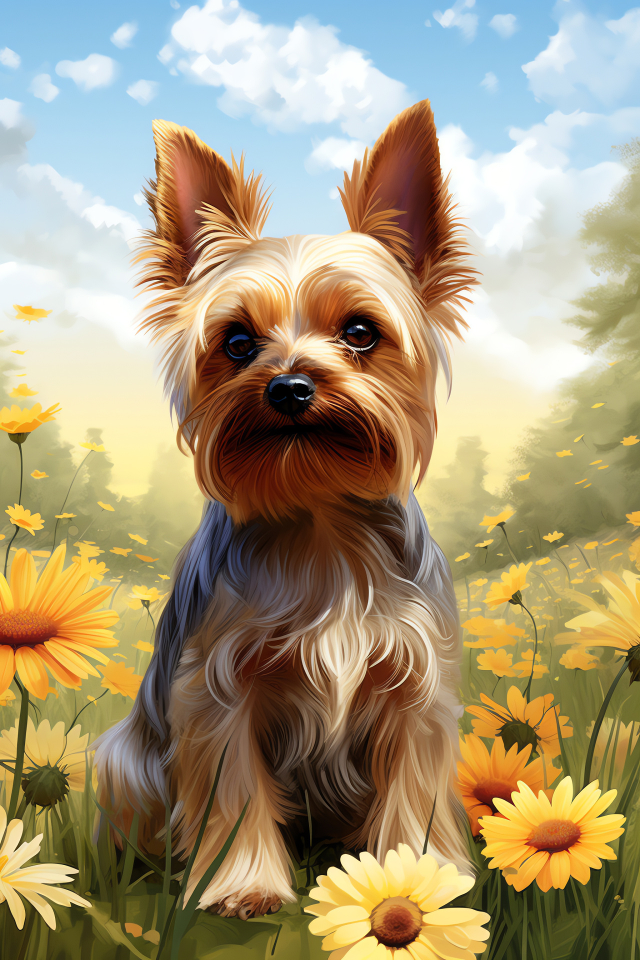 Intrigued Yorkshire Terrier, Jade-like eyes, Trimmed animal fur, Lemony brightness, Verdant backdrop, HD Phone Wallpaper