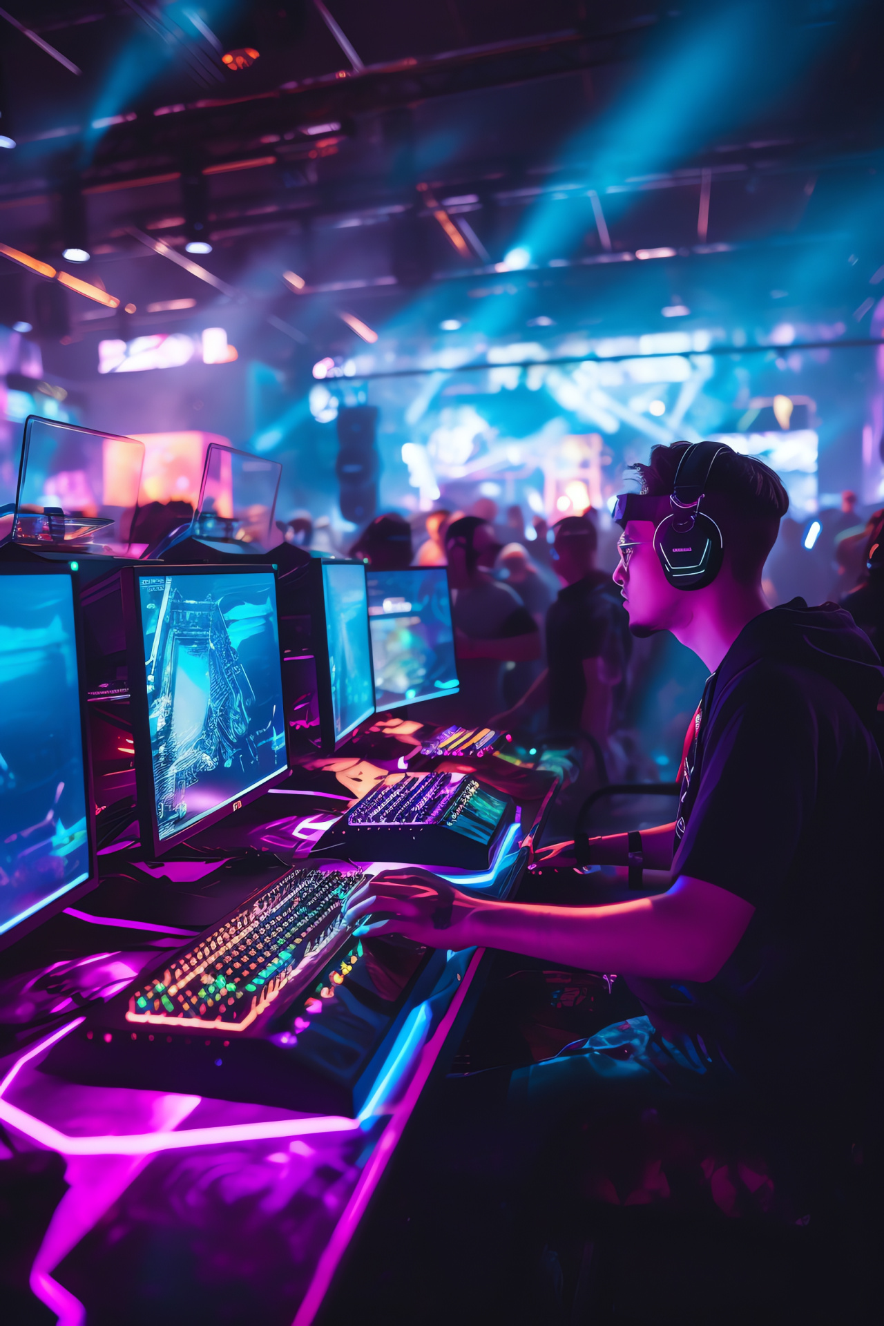 PC gaming tournament scene, Competitive gaming display, Peripheral device click, Excitement in e-sport, Gamer community ambiance, HD Phone Image