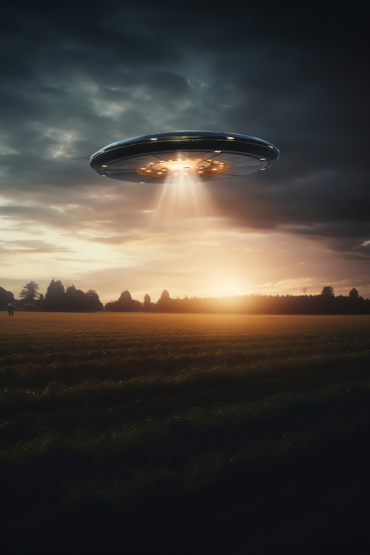 UFO rural descent, Field touchdown, Remote area arrival, Sunset warmth, Alien craft, HD Phone Image