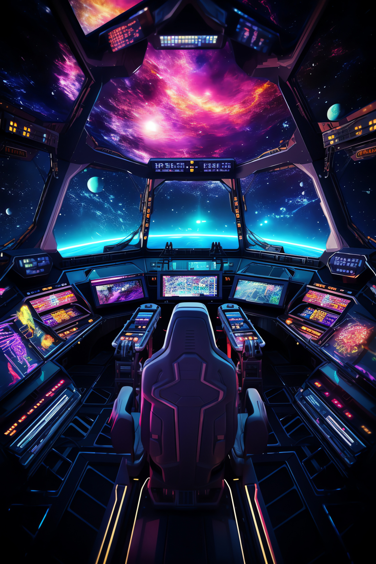 Advanced spaceship cockpit, Interstellar traveler's seat, Galactic panorama, Gaseous cosmic phenomenon, Spacescape, HD Phone Wallpaper