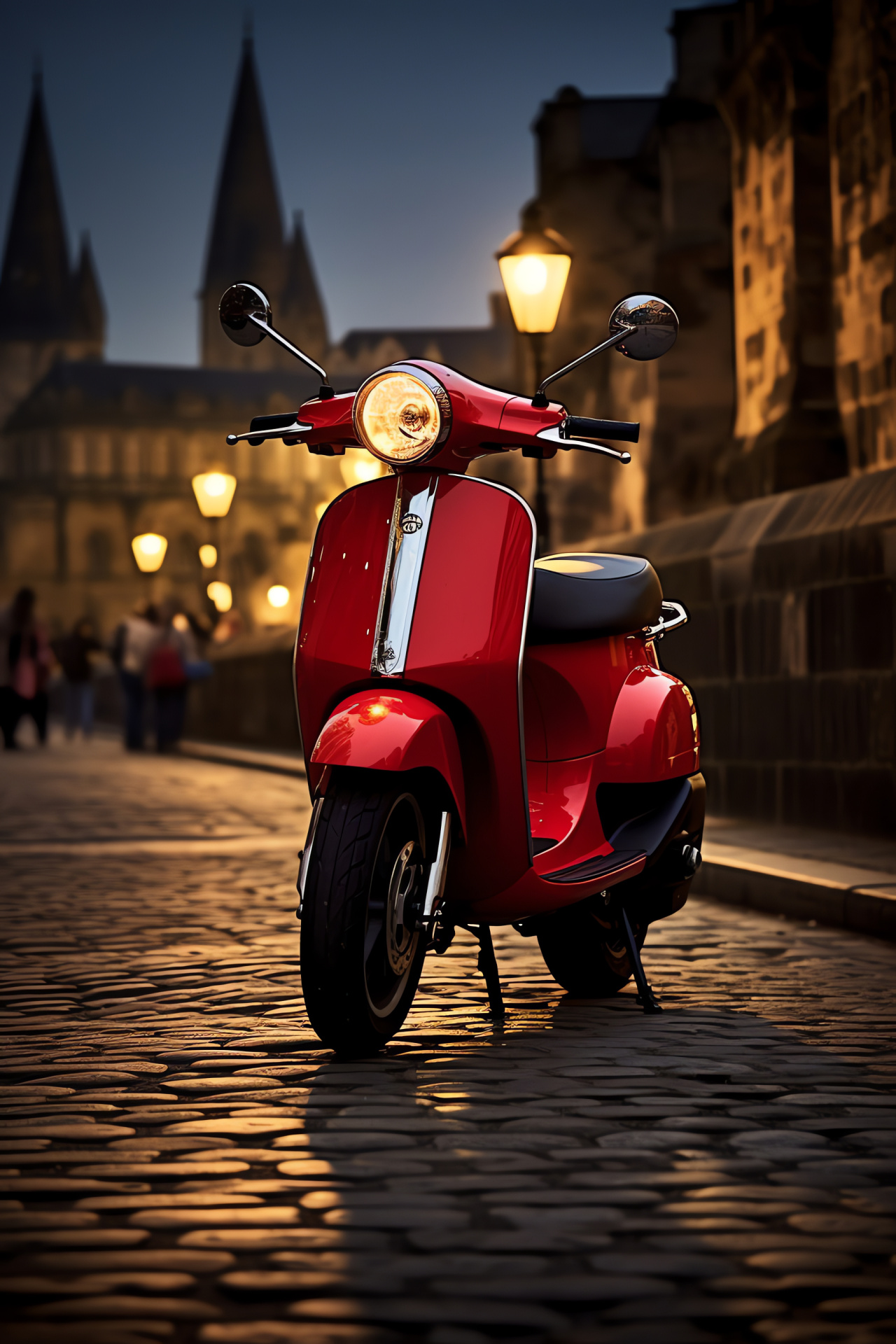 Vespa GTS 300 scooter, Prague cityscape, Charles Bridge structure, gothic architectural style, cobblestone urban texture, HD Phone Wallpaper