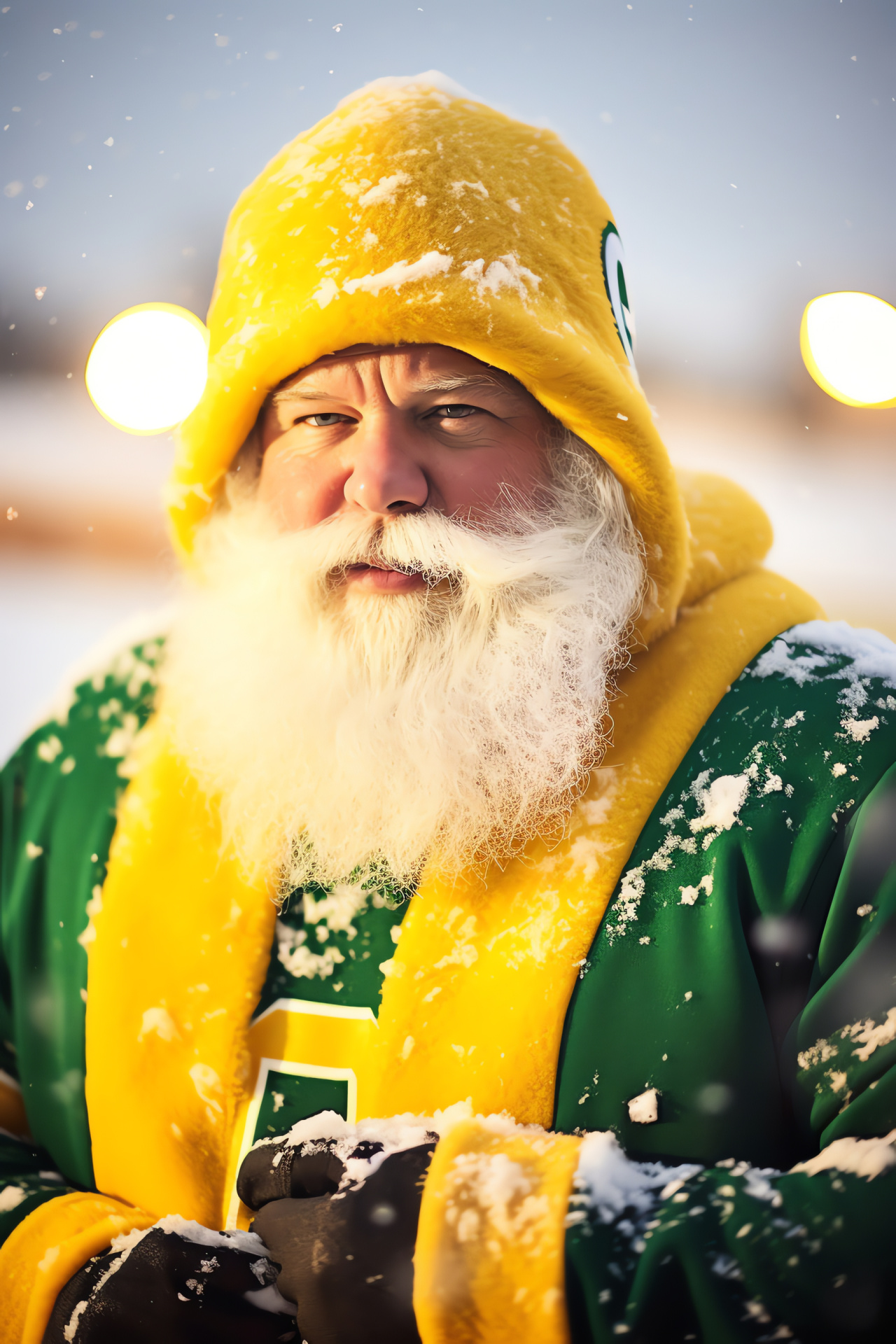 Santa in green-gold NFL apparel, Football amid snowfall, Jolly sideline emotions, Seasonal gridiron cheer, Team color highlights, HD Phone Wallpaper