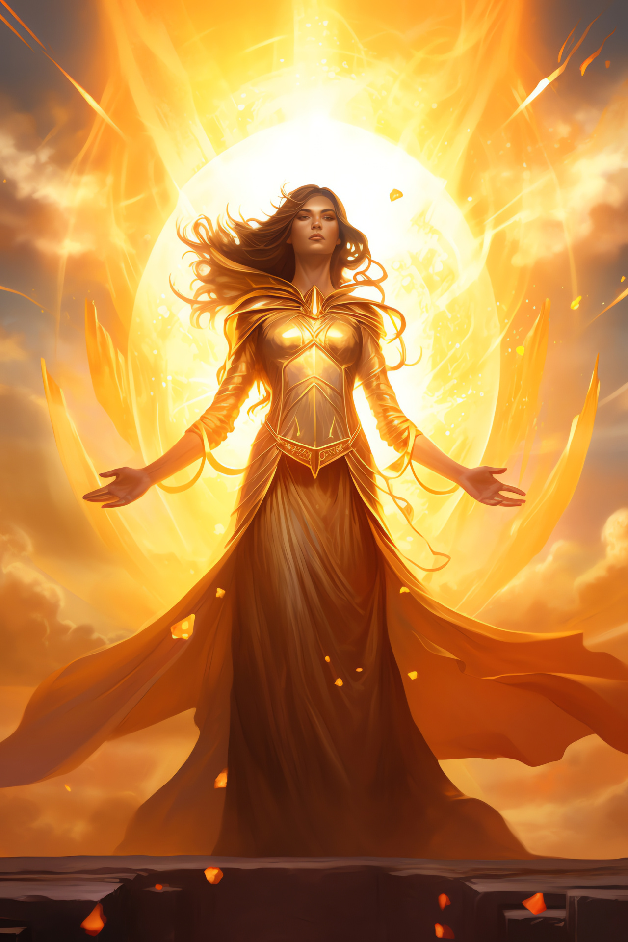 MTG Elspeth, Sun's Champion glory, Shining gold armor, Heroic card figure, Encompassing brightness, Game champion, HD Phone Wallpaper